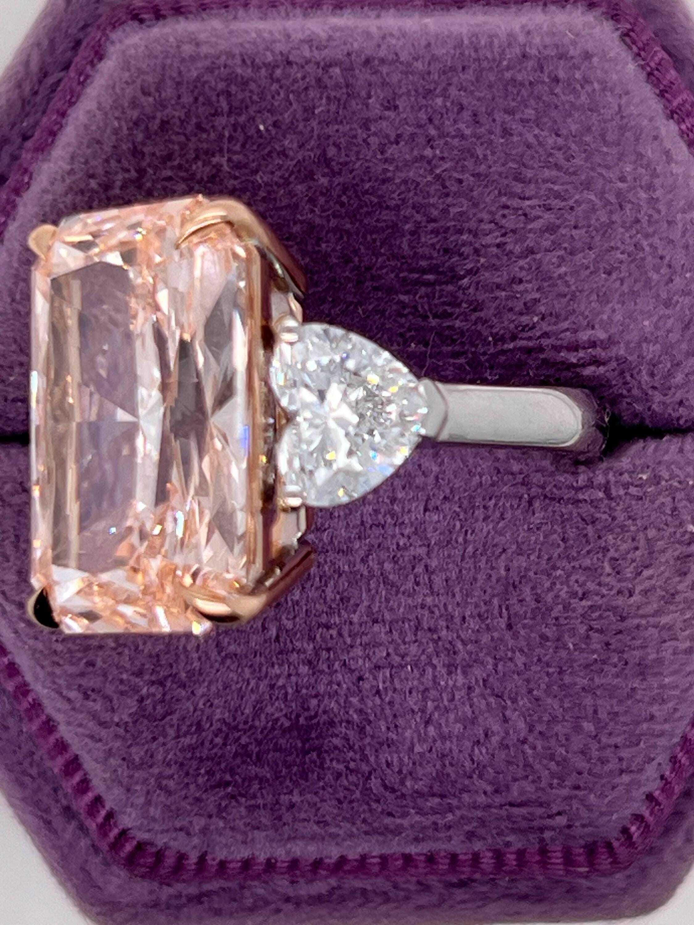 13 Carat Fancy Vivid Pink Radiant Cut with Side Hearts Three Stone Diamond Engagement Ring
