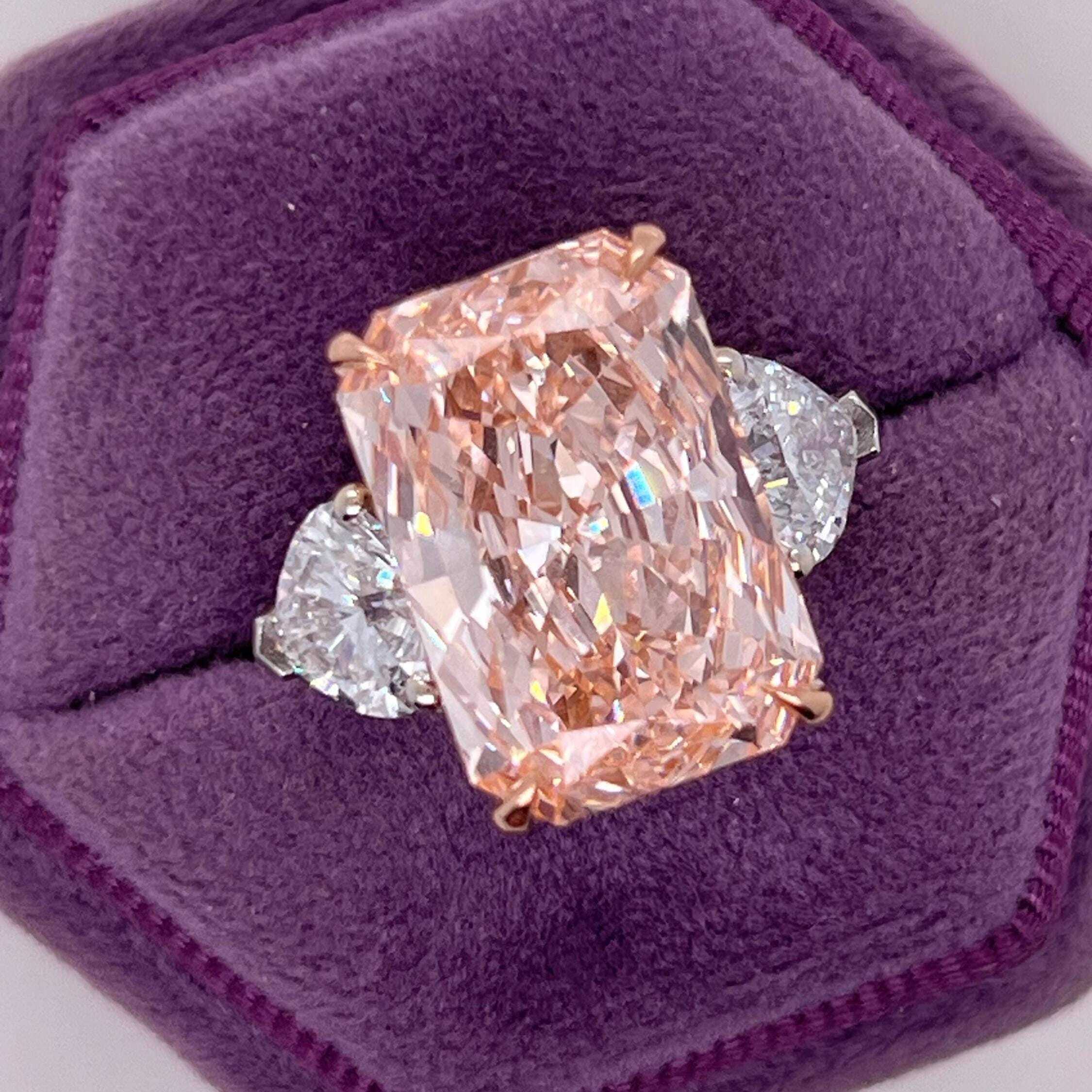 13 Carat Fancy Vivid Pink Radiant Cut with Side Hearts Three Stone Diamond Engagement Ring