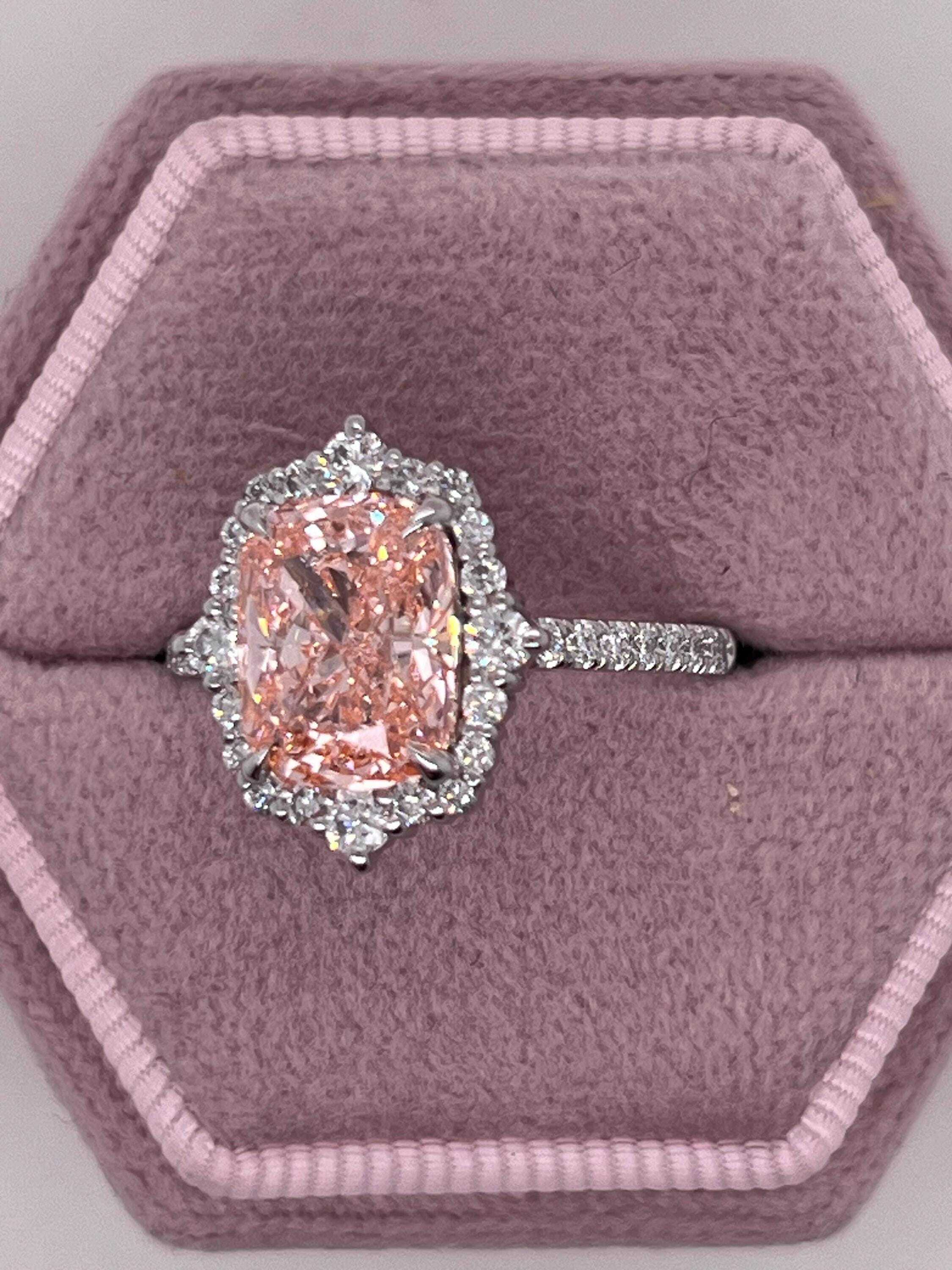 3.5 Carat Fancy Vivid Pink Elongated Cushion Cut Diamond Halo Engagement Ring