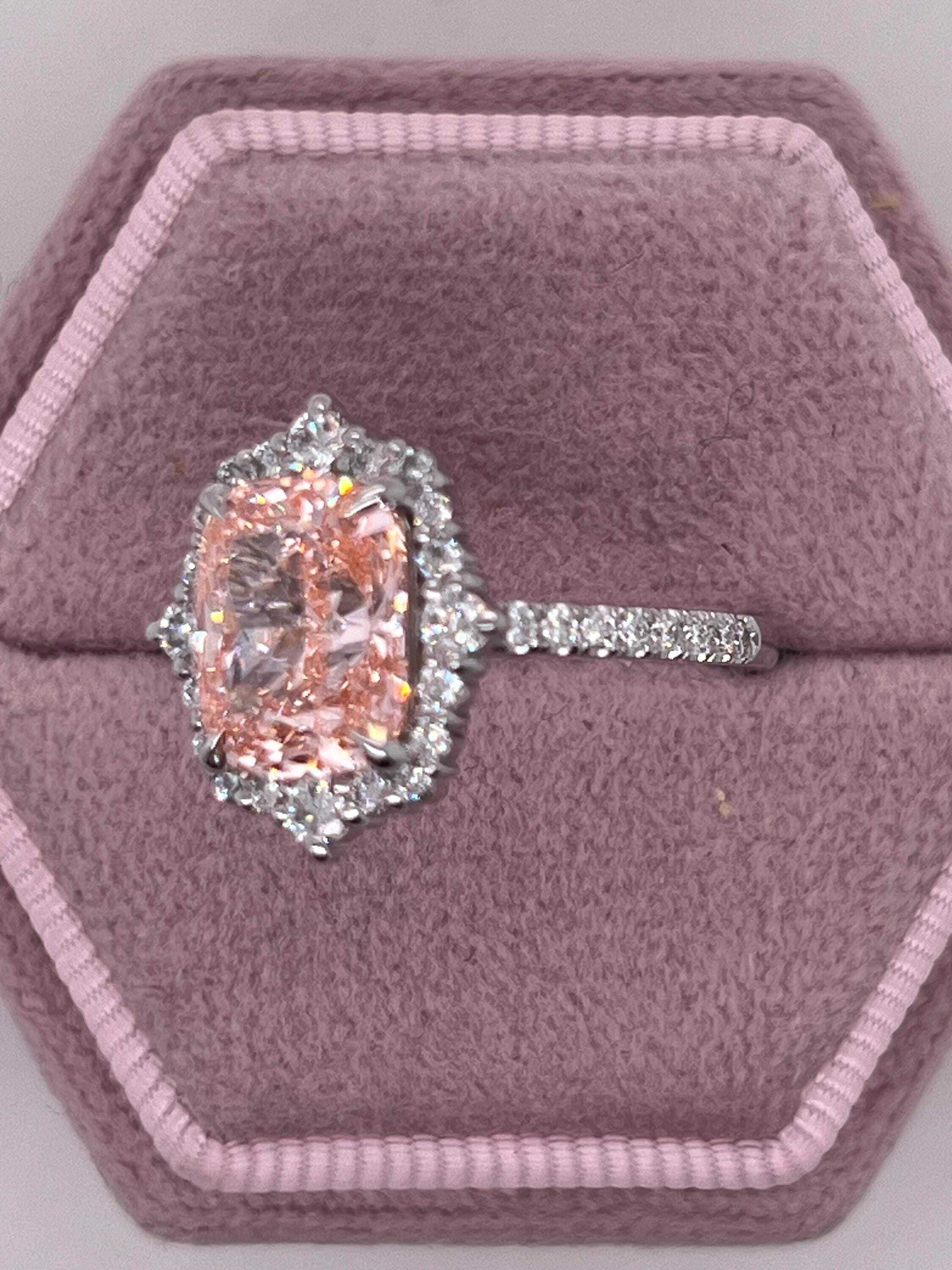 3.5 Carat Fancy Vivid Pink Elongated Cushion Cut Diamond Halo Engagement Ring