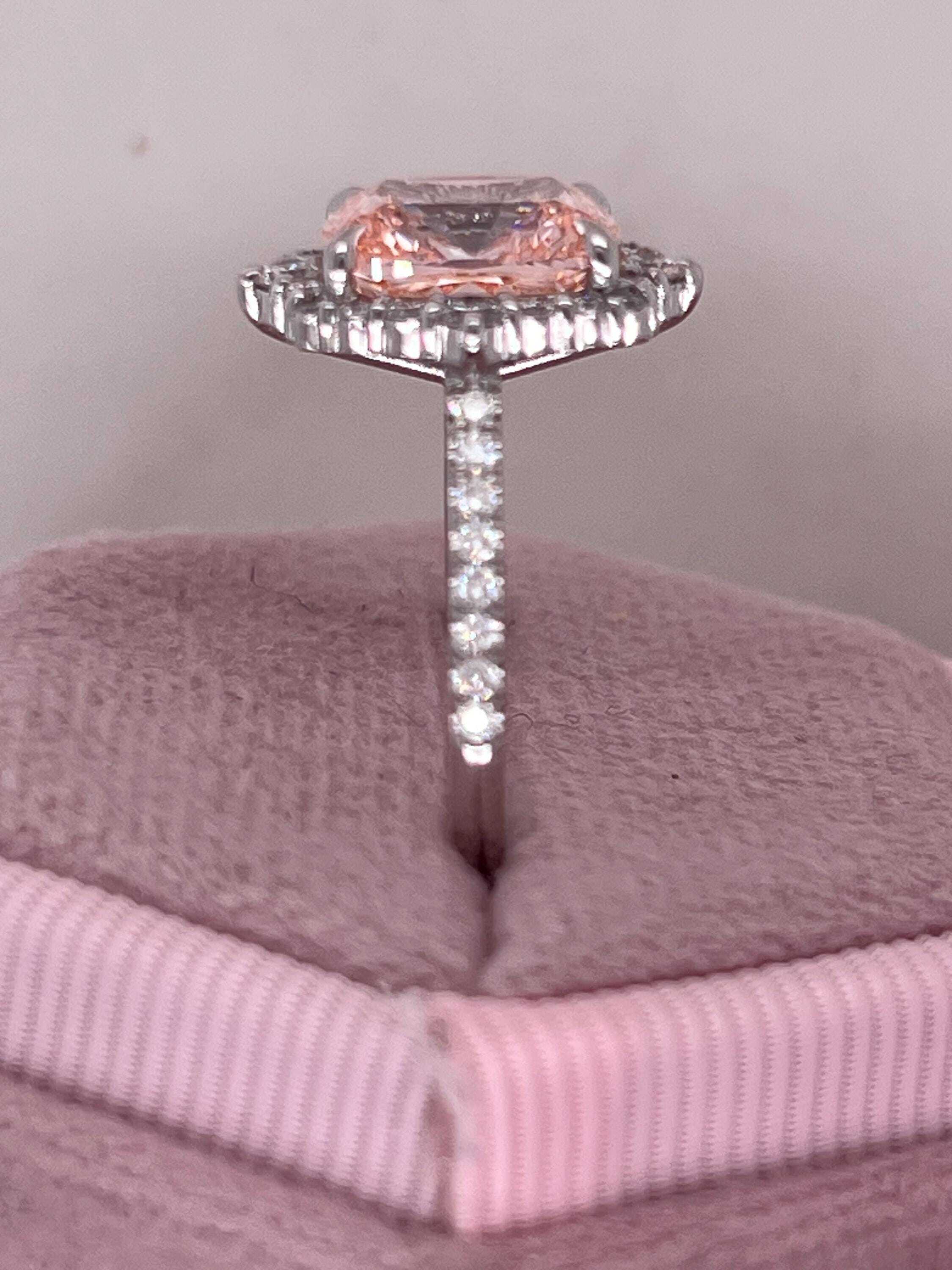 3.5 Carat Fancy Vivid Pink Elongated Cushion Cut Diamond Halo Engagement Ring