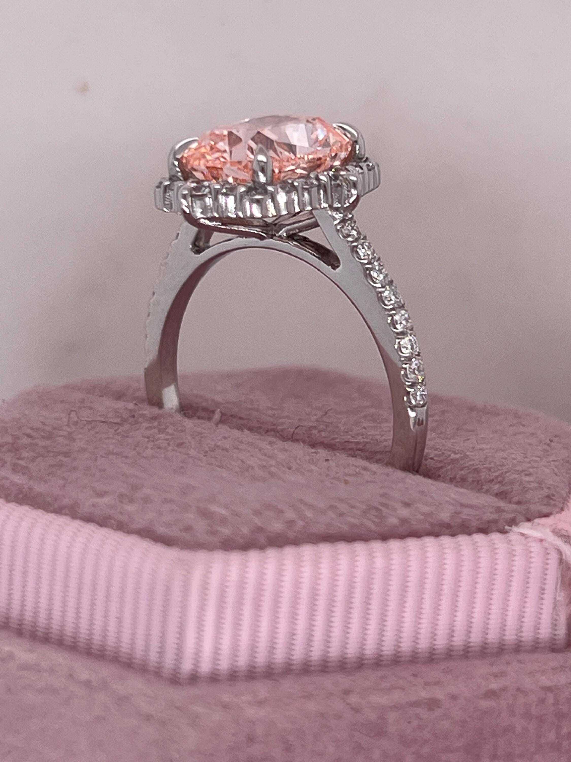3.5 Carat Fancy Vivid Pink Elongated Cushion Cut Diamond Halo Engagement Ring