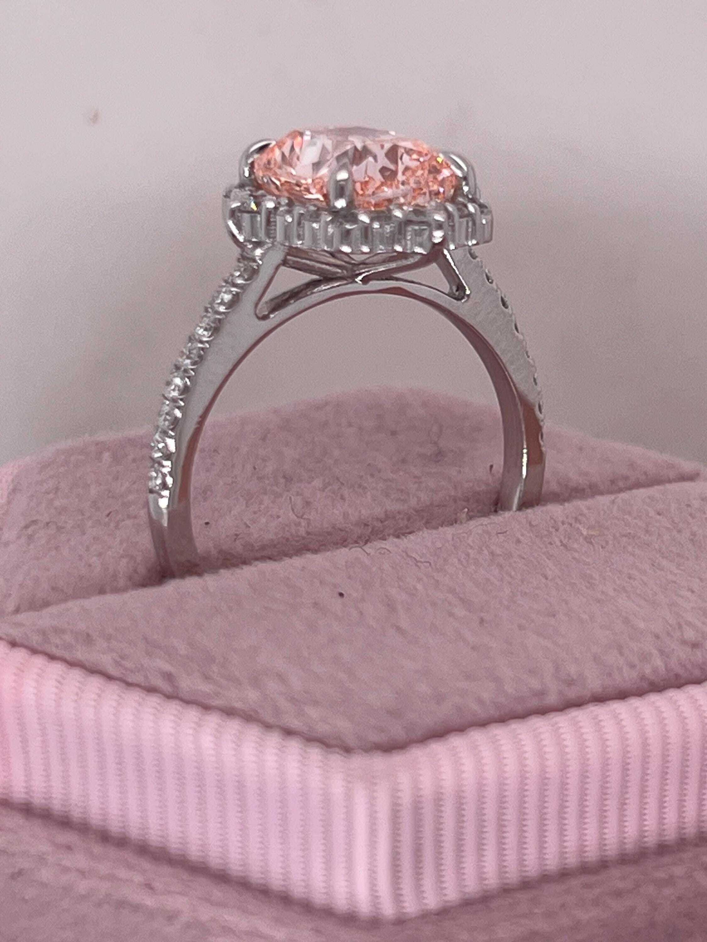 3.5 Carat Fancy Vivid Pink Elongated Cushion Cut Diamond Halo Engagement Ring