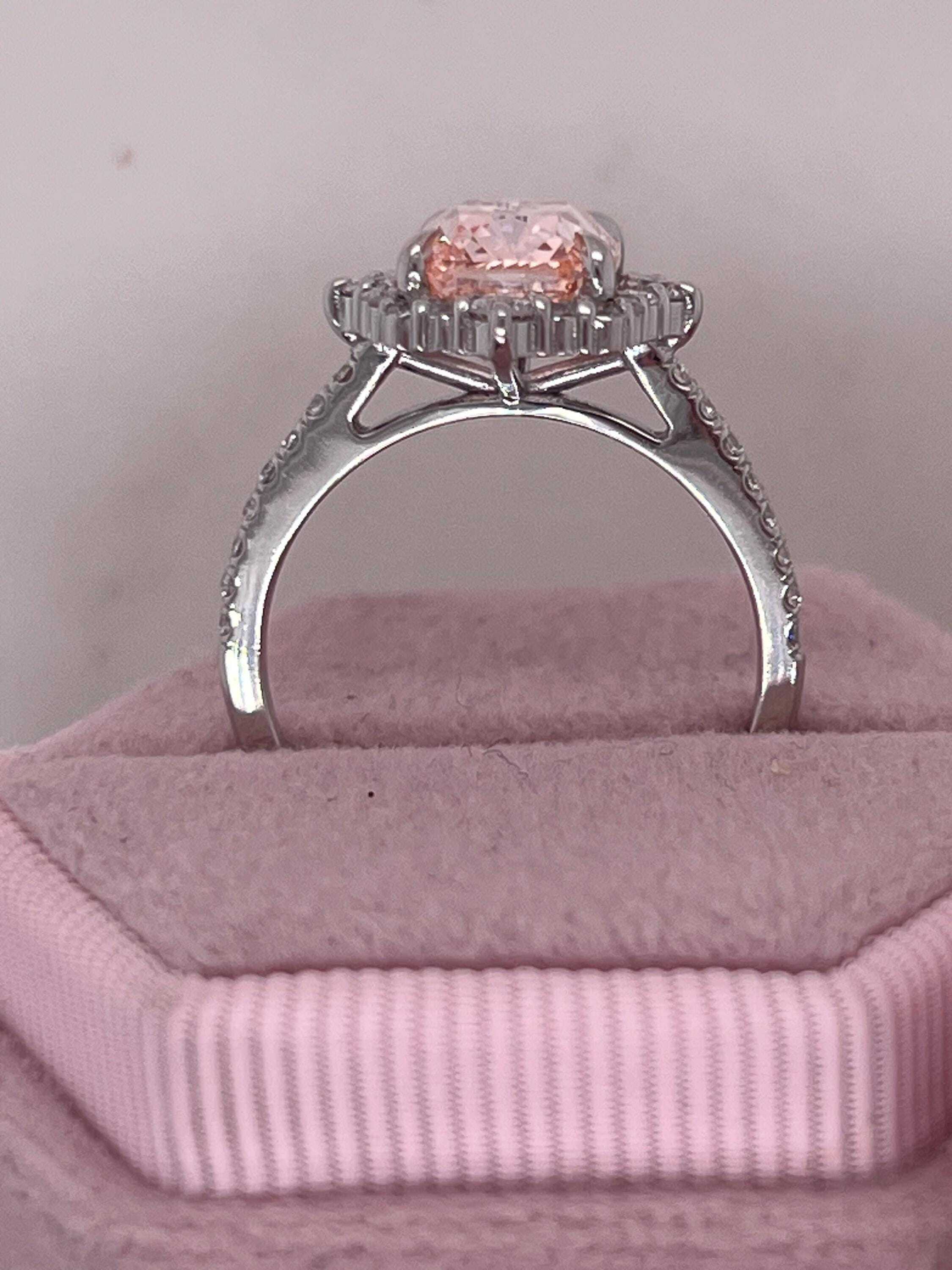 3.5 Carat Fancy Vivid Pink Elongated Cushion Cut Diamond Halo Engagement Ring