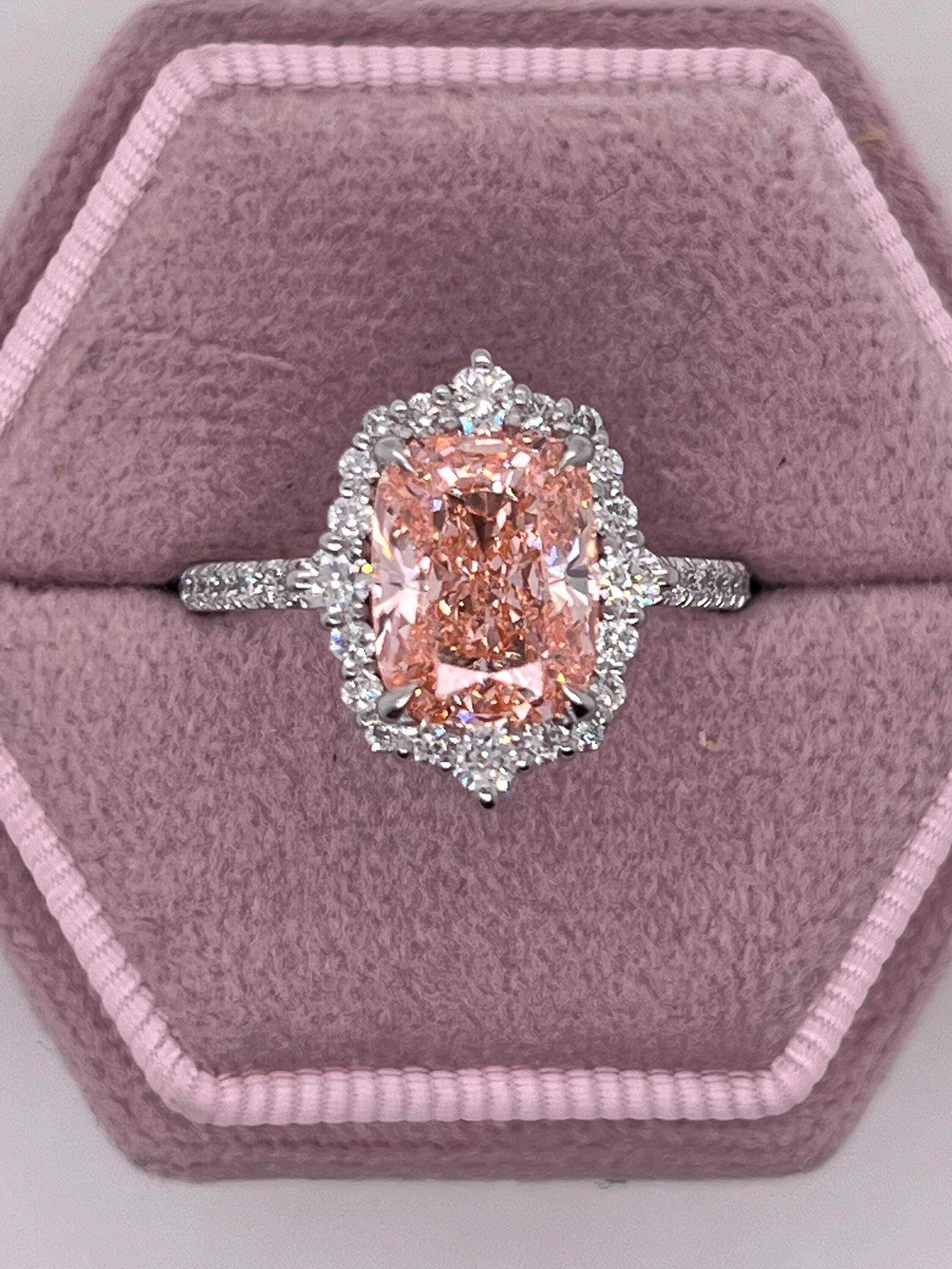 3.5 Carat Fancy Vivid Pink Elongated Cushion Cut Diamond Halo Engagement Ring