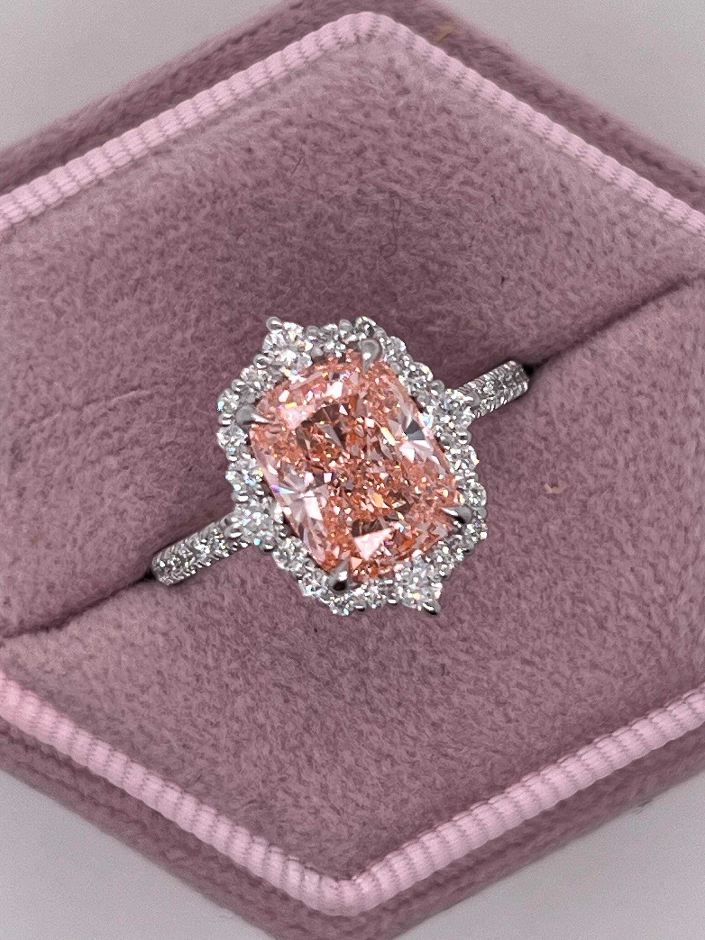 3.5 Carat Fancy Vivid Pink Elongated Cushion Cut Diamond Halo Engagement Ring