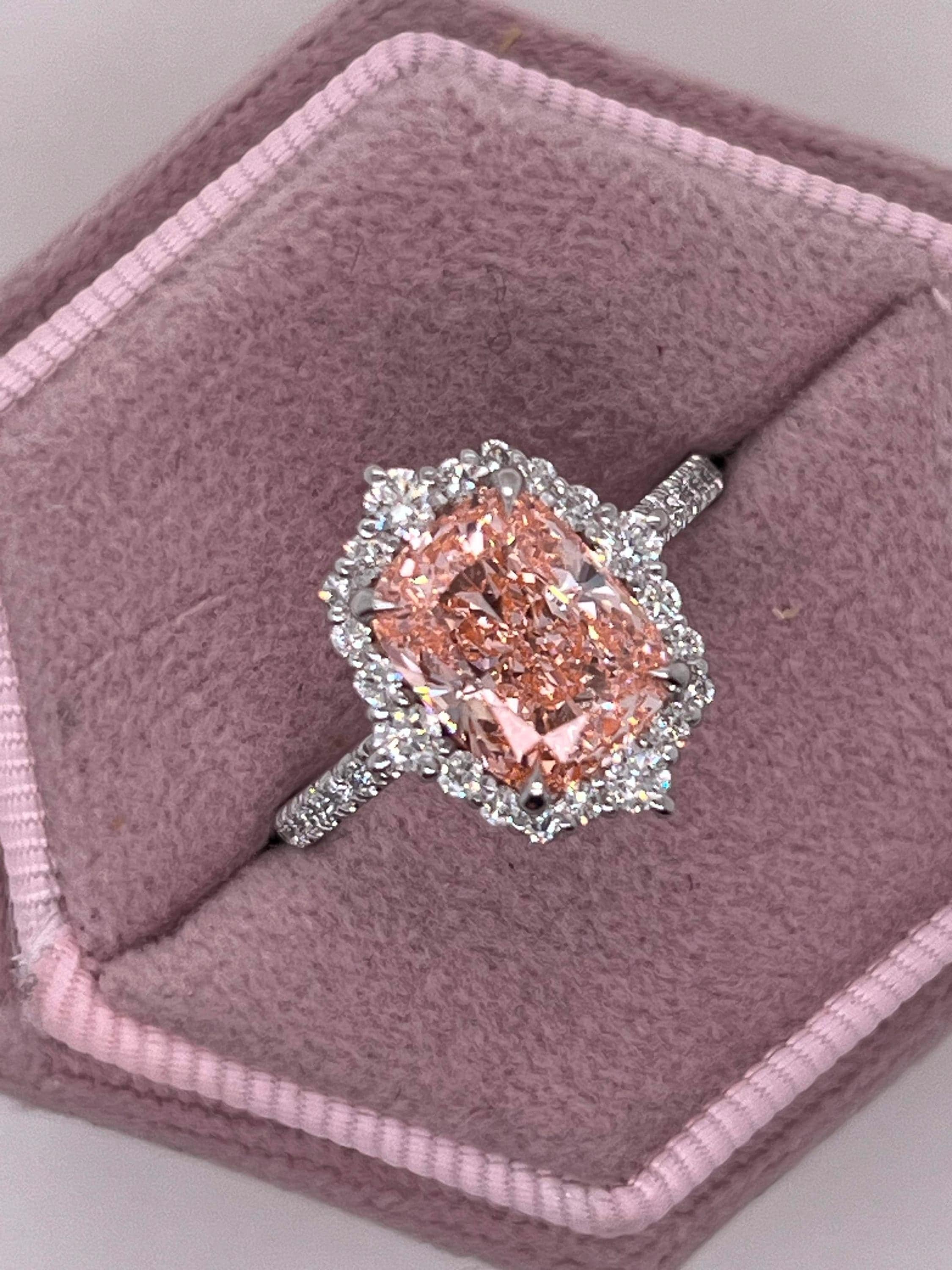 3.5 Carat Fancy Vivid Pink Elongated Cushion Cut Diamond Halo Engagement Ring