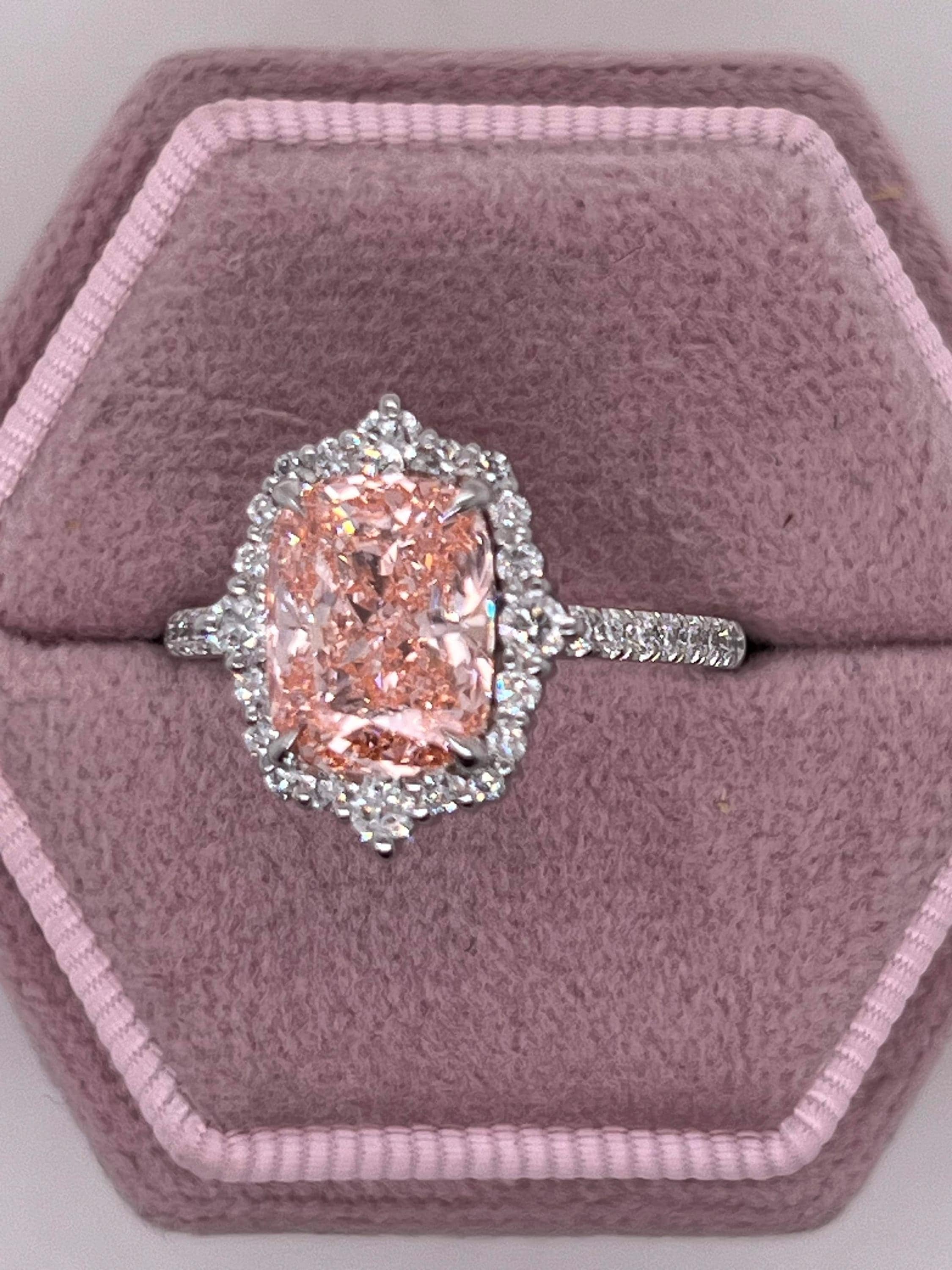 3.5 Carat Fancy Vivid Pink Elongated Cushion Cut Diamond Halo Engagement Ring