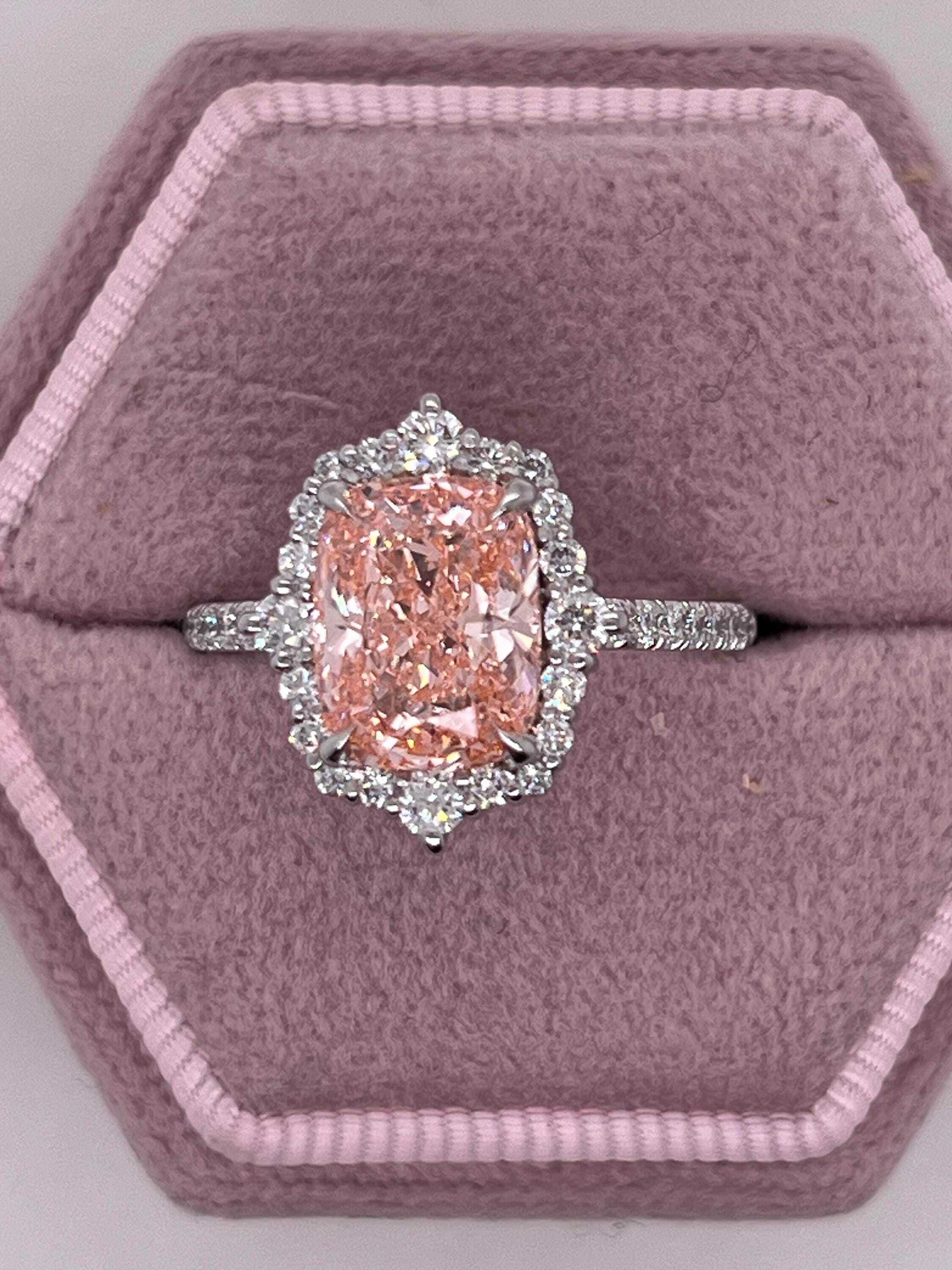 3.5 Carat Fancy Vivid Pink Elongated Cushion Cut Diamond Halo Engagement Ring