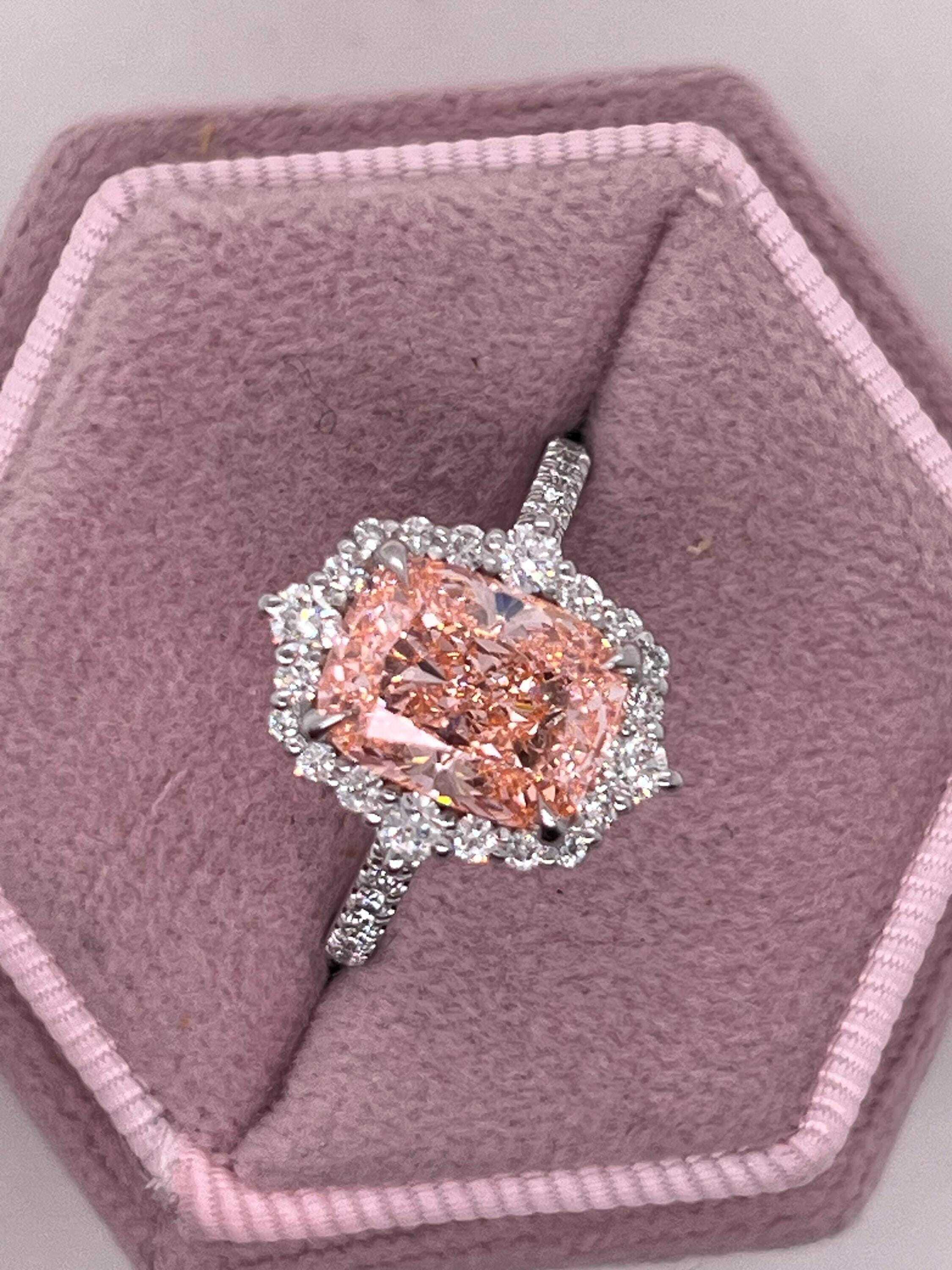 3.5 Carat Fancy Vivid Pink Elongated Cushion Cut Diamond Halo Engagement Ring