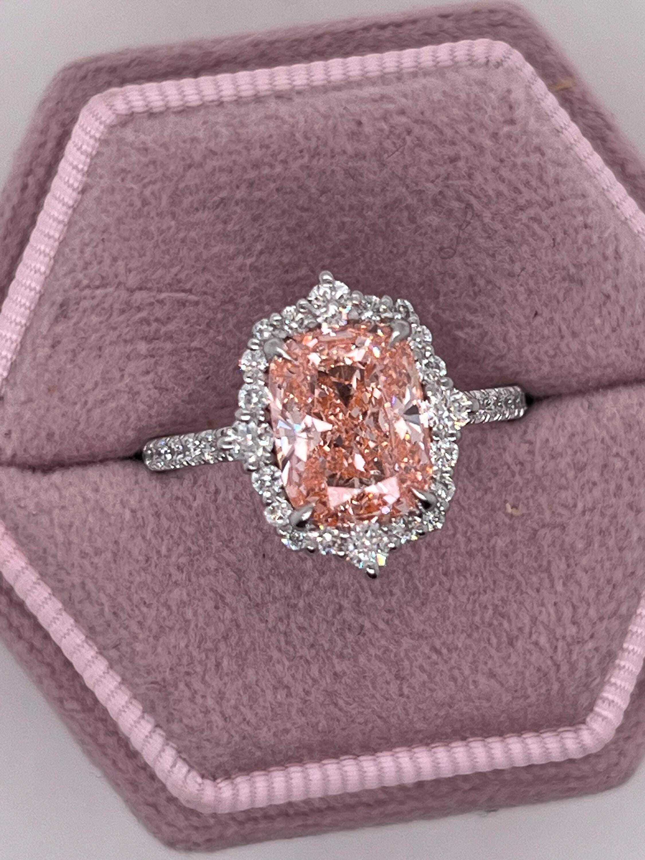 3.5 Carat Fancy Vivid Pink Elongated Cushion Cut Diamond Halo Engagement Ring