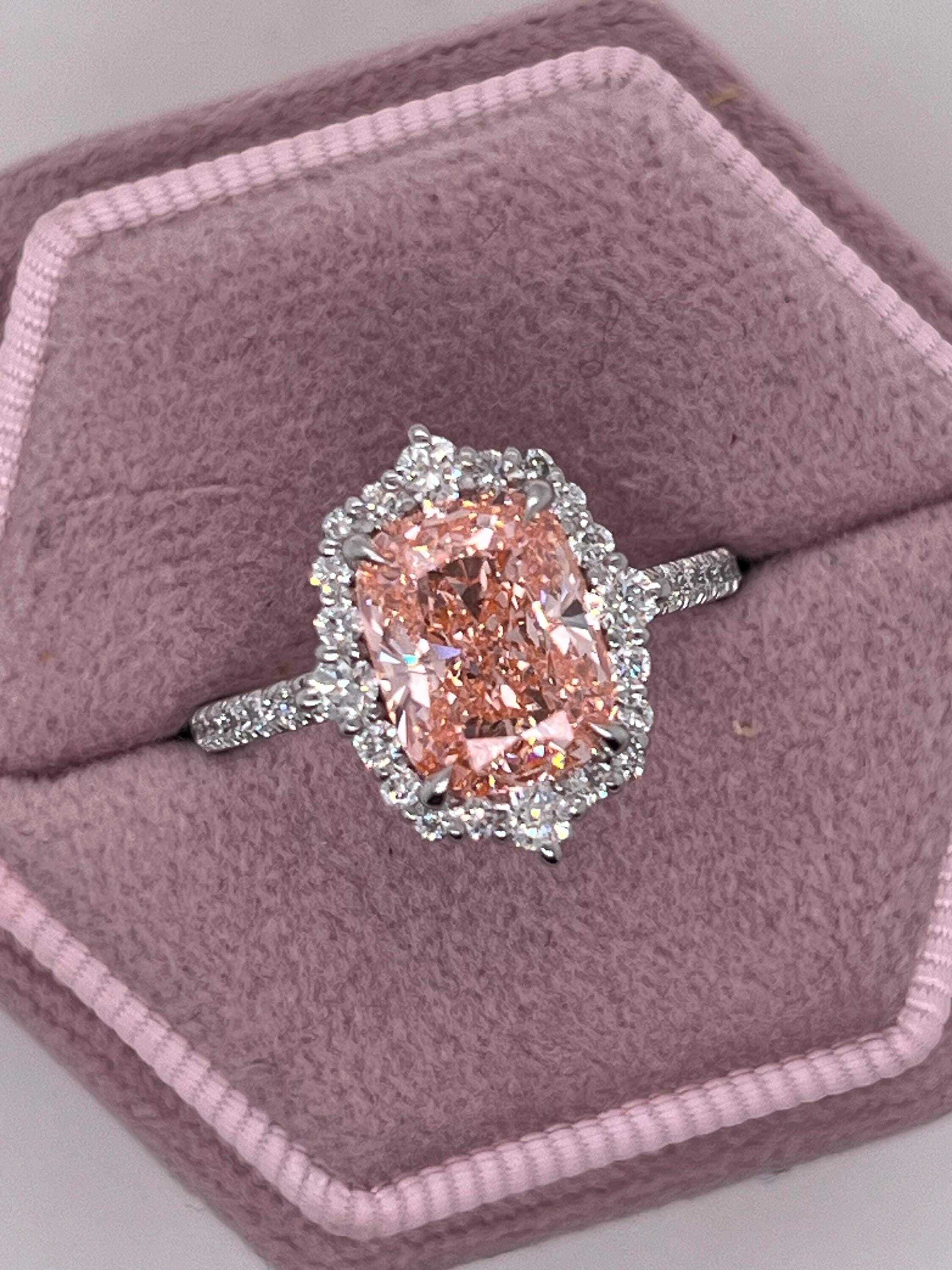 3.5 Carat Fancy Vivid Pink Elongated Cushion Cut Diamond Halo Engagement Ring