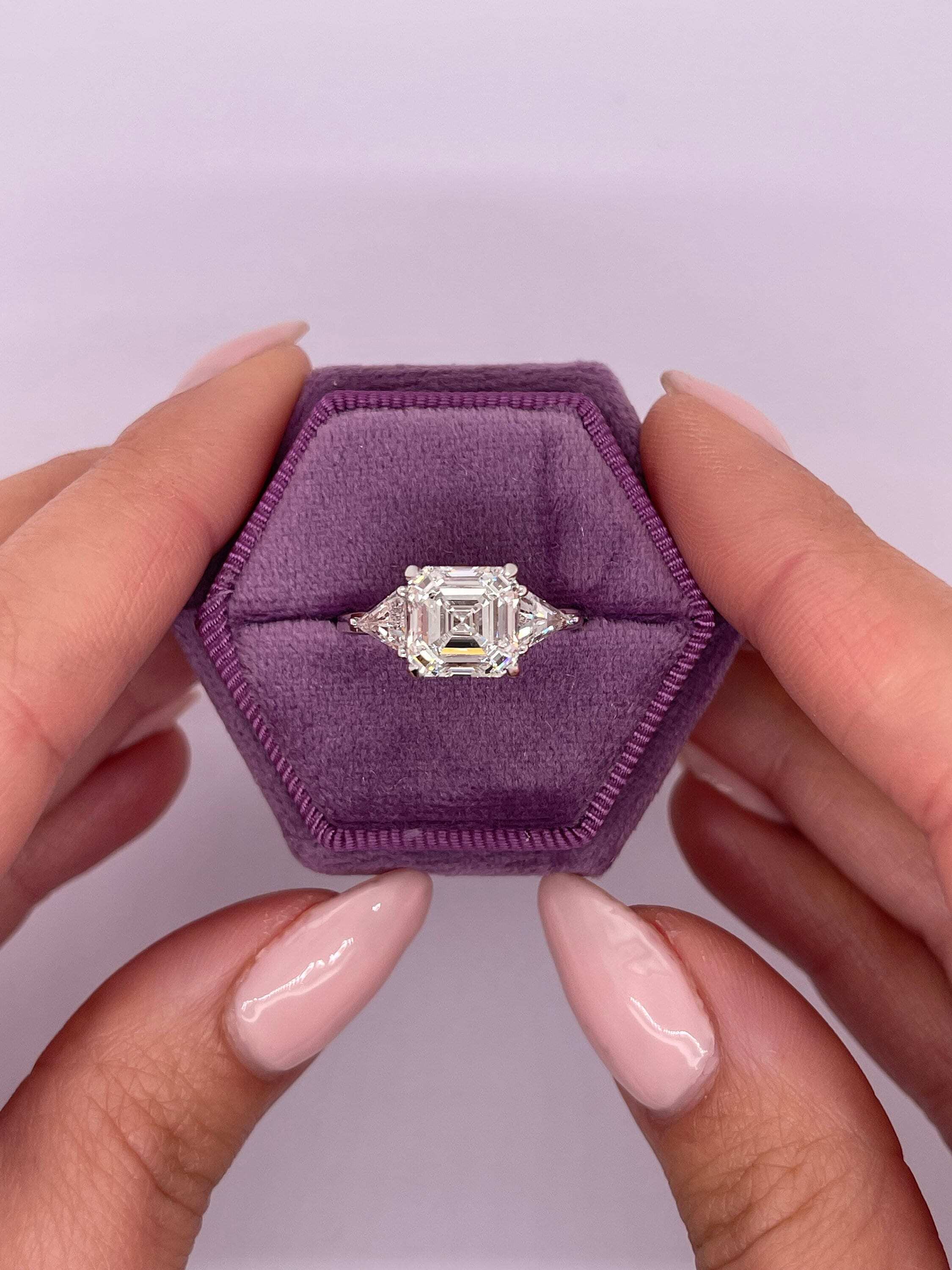 6 Carat Asscher Cut Three Stone Diamond Engagement Ring Side Trillion Cuts