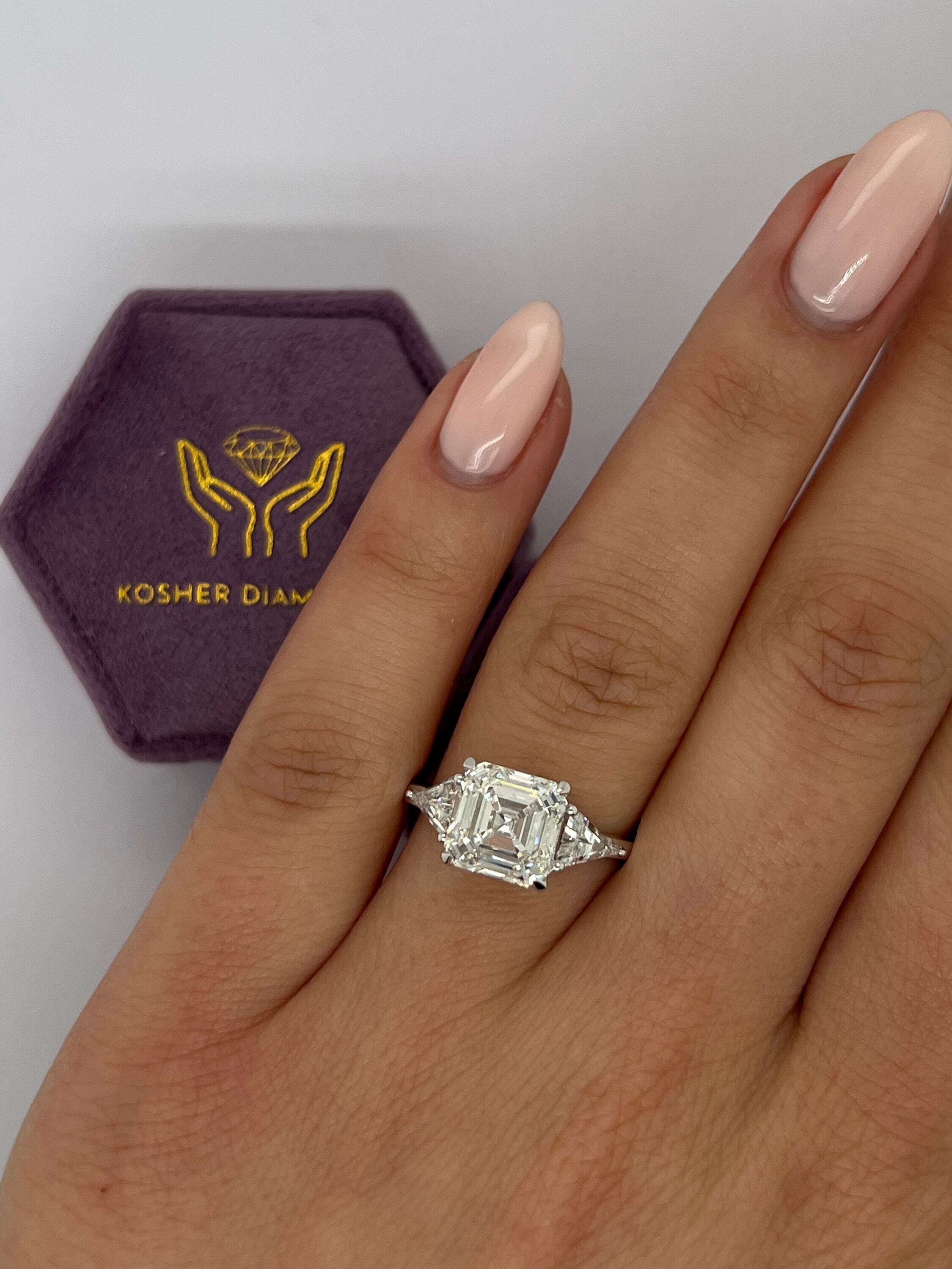 6 Carat Asscher Cut Three Stone Diamond Engagement Ring Side Trillion Cuts