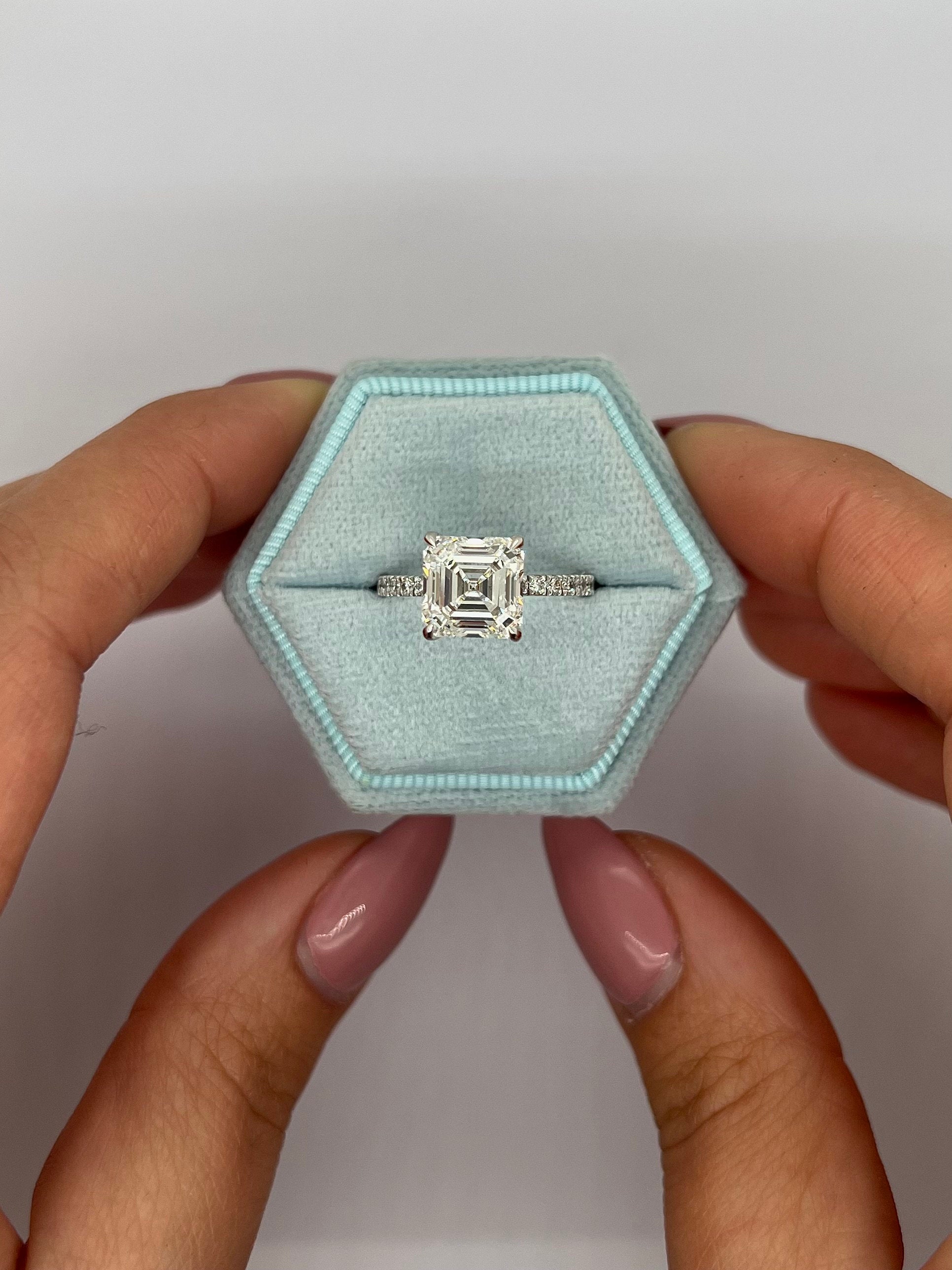 3.25 Carat Total Asscher Cut Solitaire Diamond Hidden Halo Engagement Ring