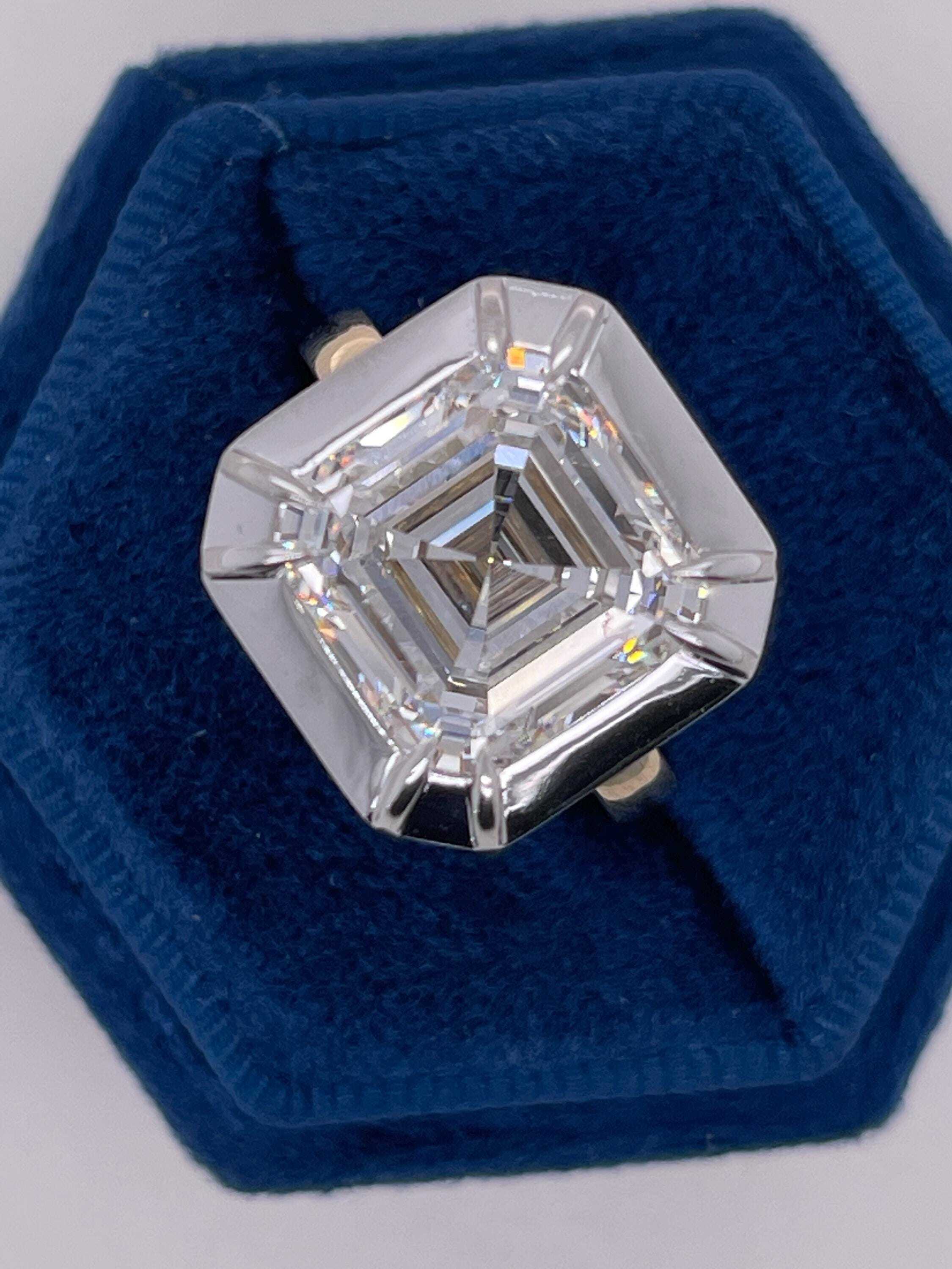 Two Tone 10.25 Carat Asscher Cut Diamond Bezel Solitaire Engagement Ring