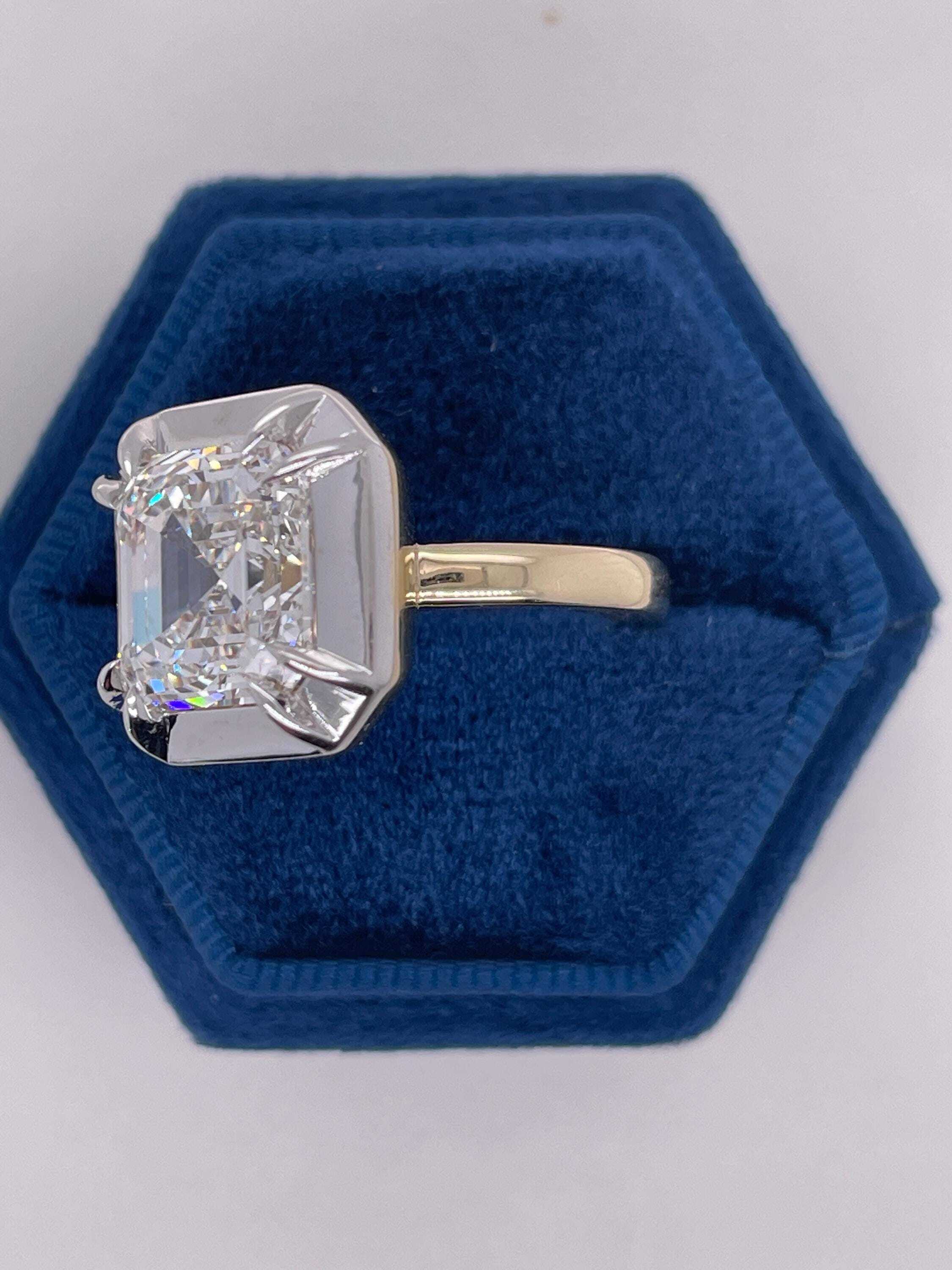 Two Tone 10.25 Carat Asscher Cut Diamond Bezel Solitaire Engagement Ring