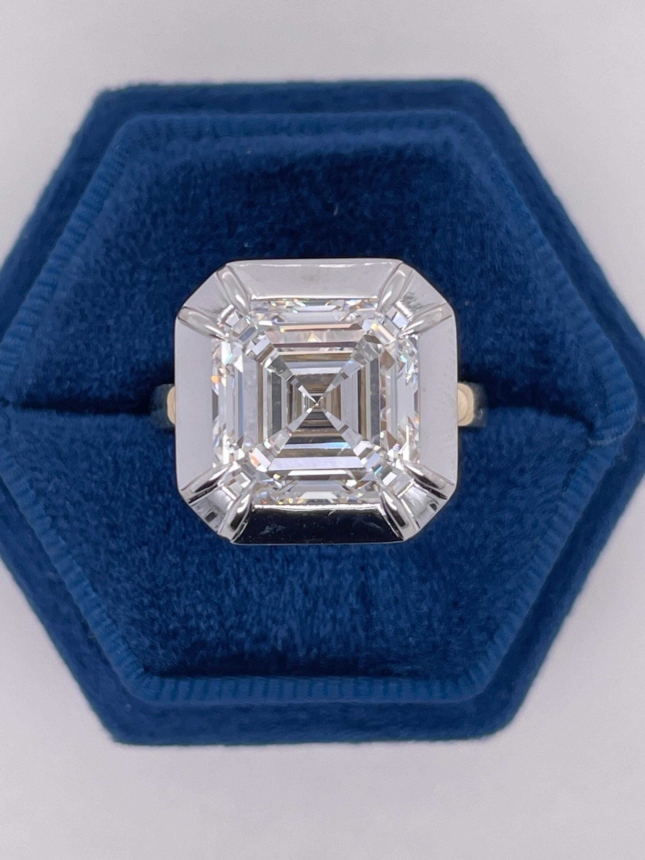 Two Tone 10.25 Carat Asscher Cut Diamond Bezel Solitaire Engagement Ring