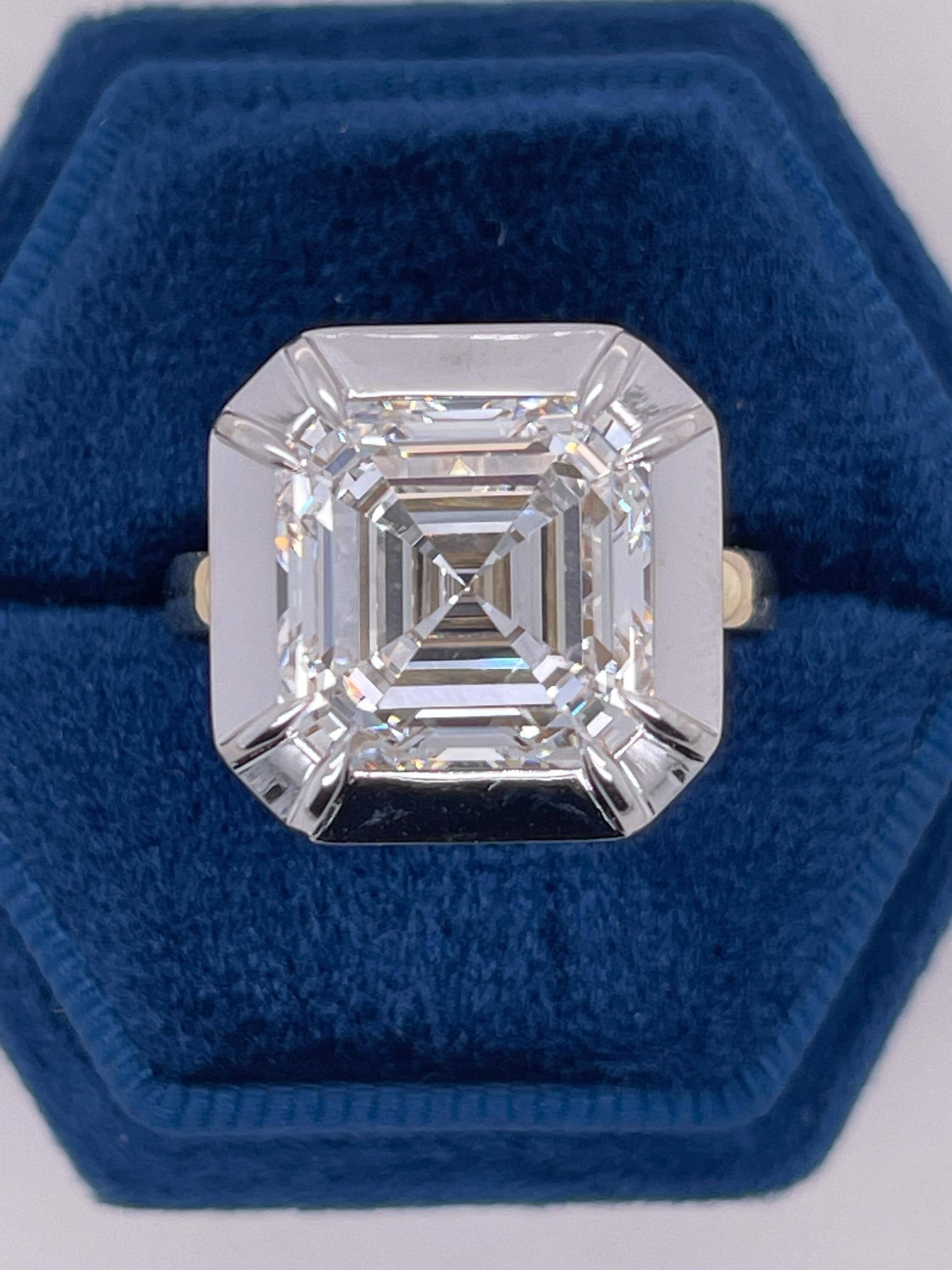 Two Tone 10.25 Carat Asscher Cut Diamond Bezel Solitaire Engagement Ring