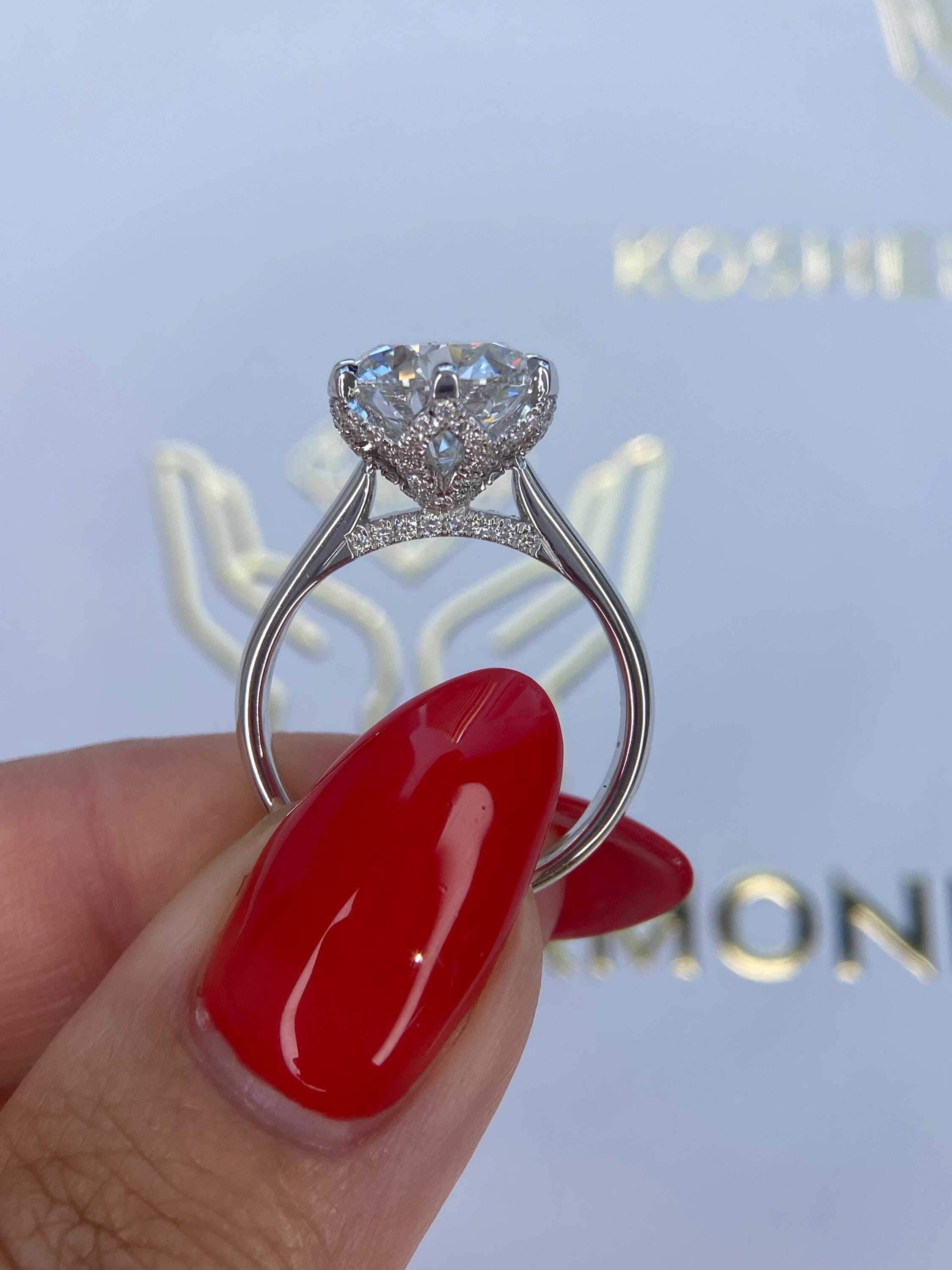 Tulip Design 4.3 Carat Round Ideal Cut Diamond Engagement Ring Diamonds on Prongs and Bridge
