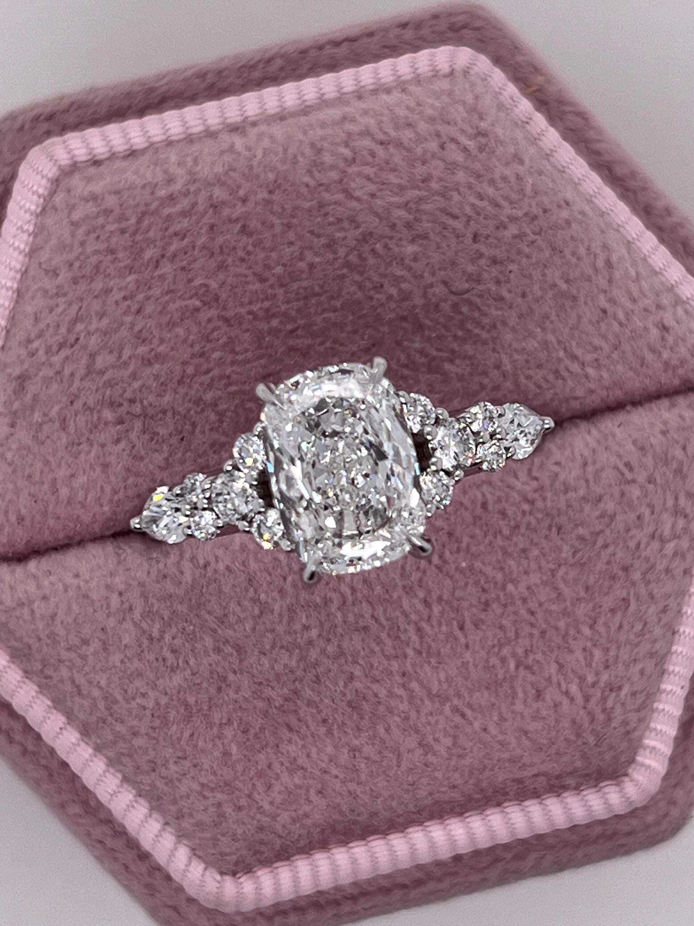 2.5 Carat Total Elongated Cushion Cut Diamond Engagement Ring with Side Pear & Round Diamonds