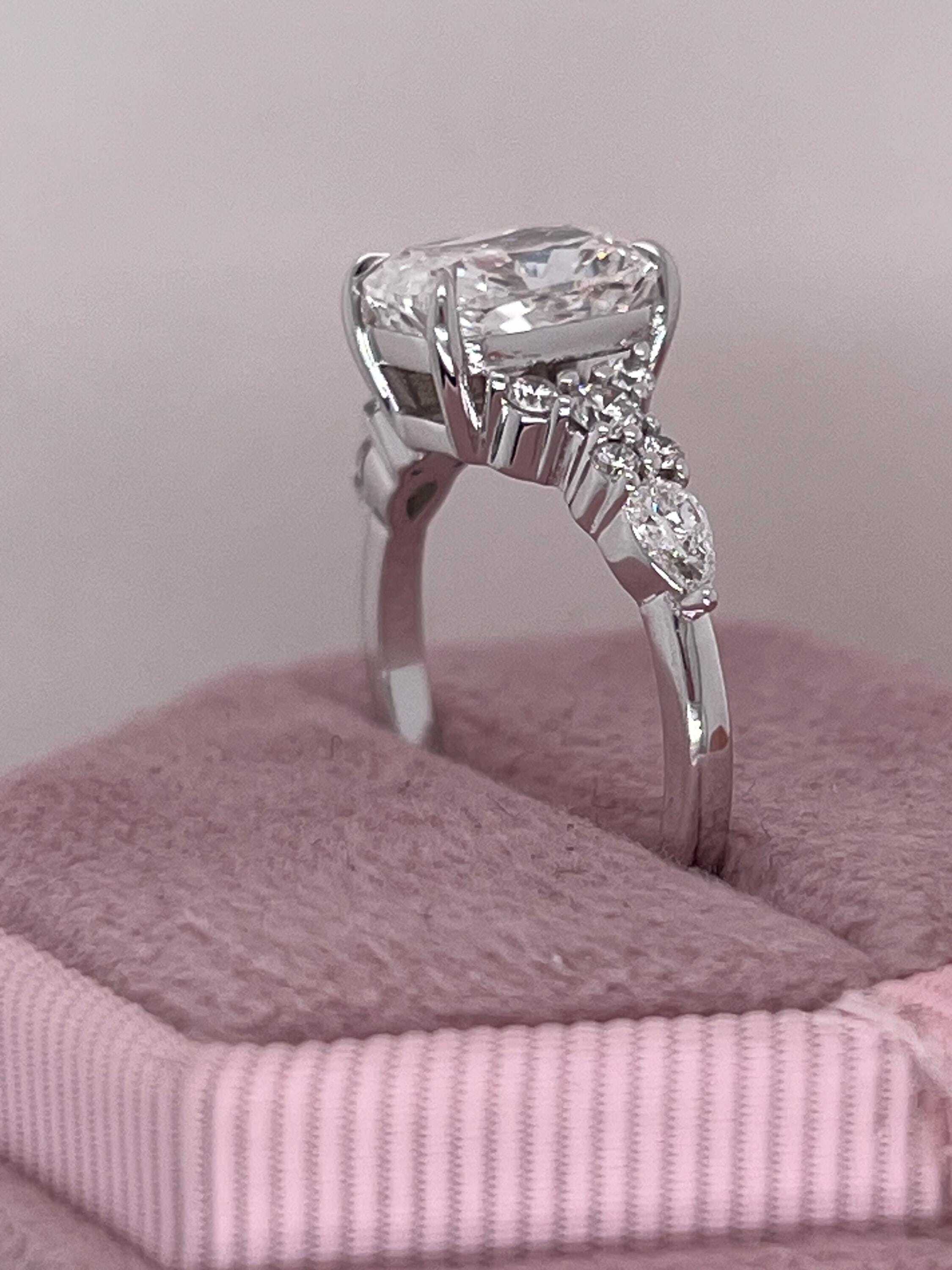 2.5 Carat Total Elongated Cushion Cut Diamond Engagement Ring with Side Pear & Round Diamonds