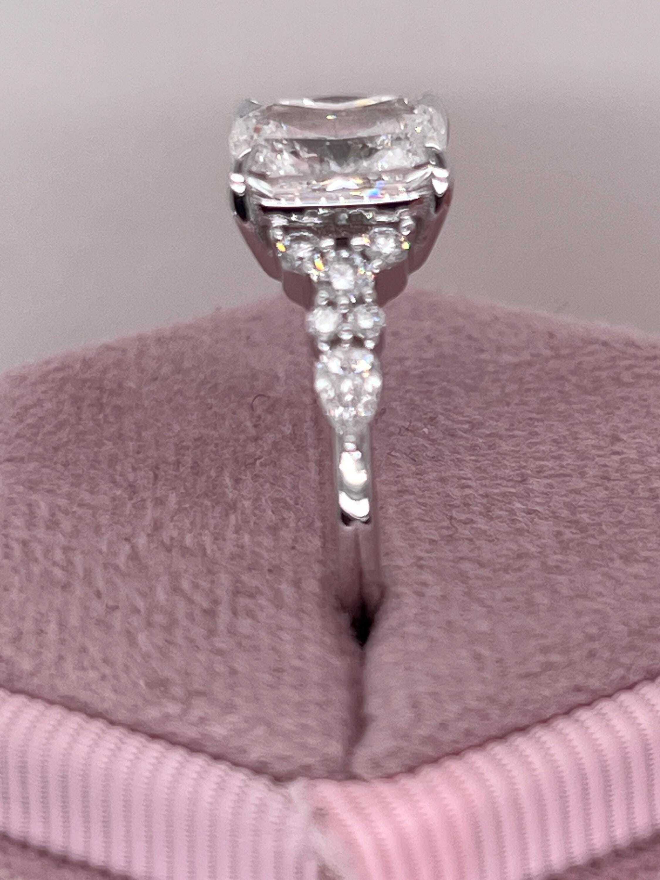 2.5 Carat Total Elongated Cushion Cut Diamond Engagement Ring with Side Pear & Round Diamonds