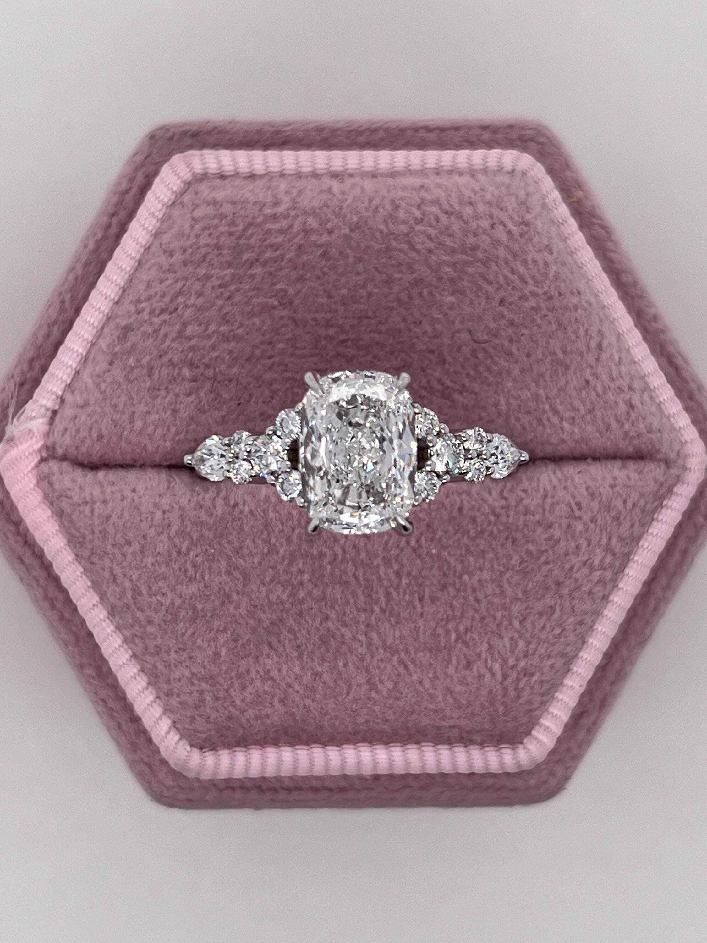 2.5 Carat Total Elongated Cushion Cut Diamond Engagement Ring with Side Pear & Round Diamonds