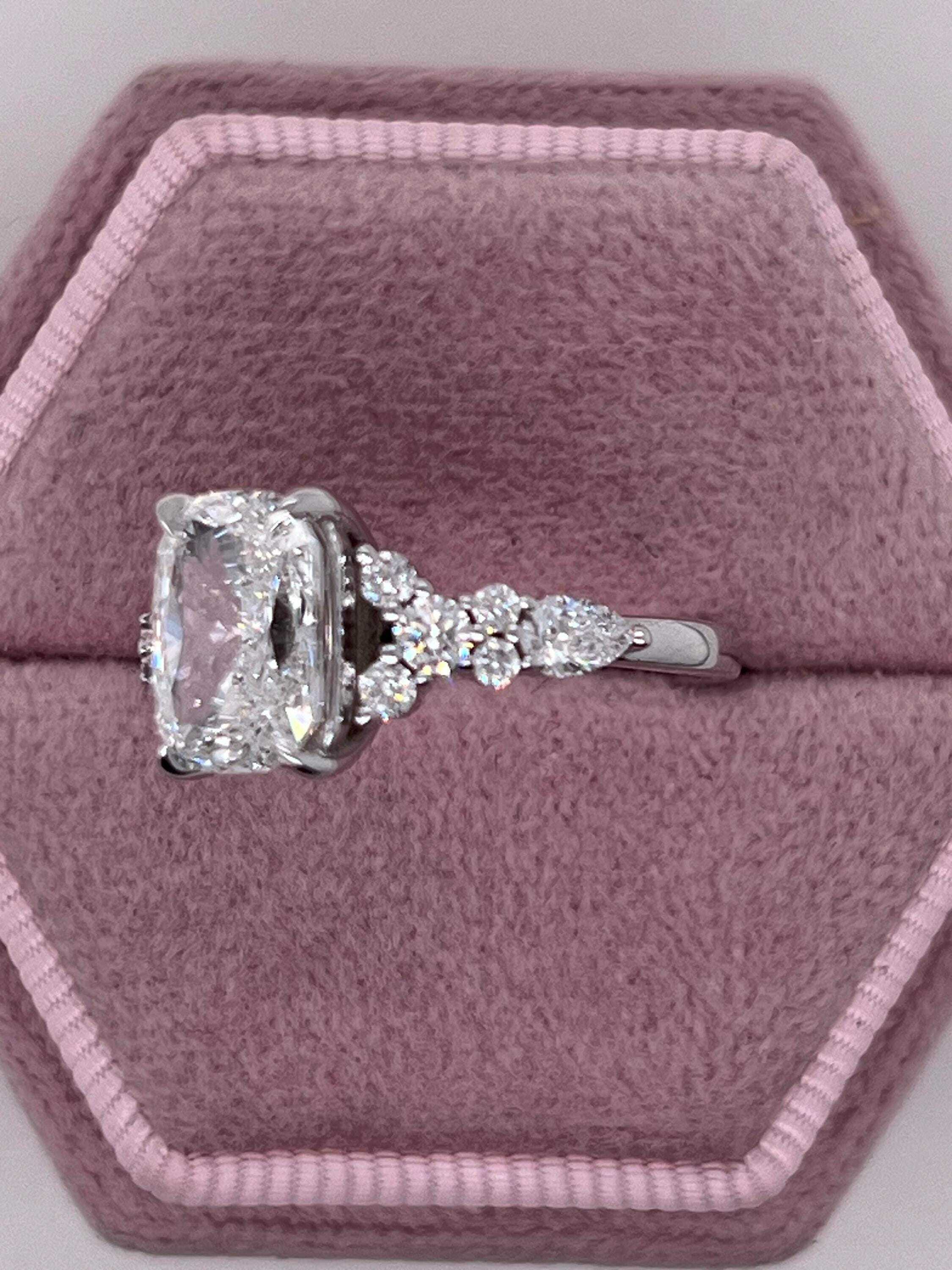 2.5 Carat Total Elongated Cushion Cut Diamond Engagement Ring with Side Pear & Round Diamonds