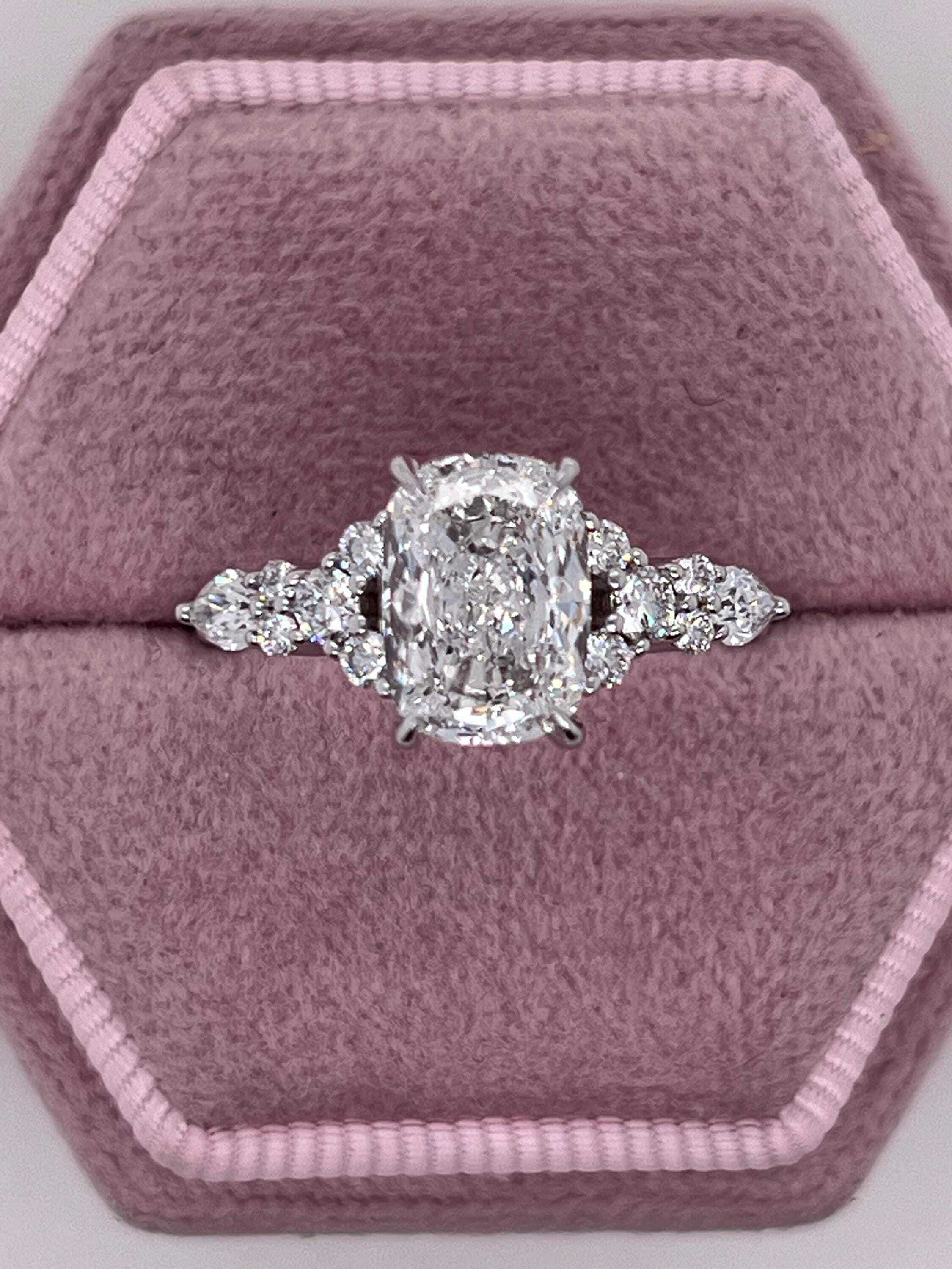 2.5 Carat Total Elongated Cushion Cut Diamond Engagement Ring with Side Pear & Round Diamonds