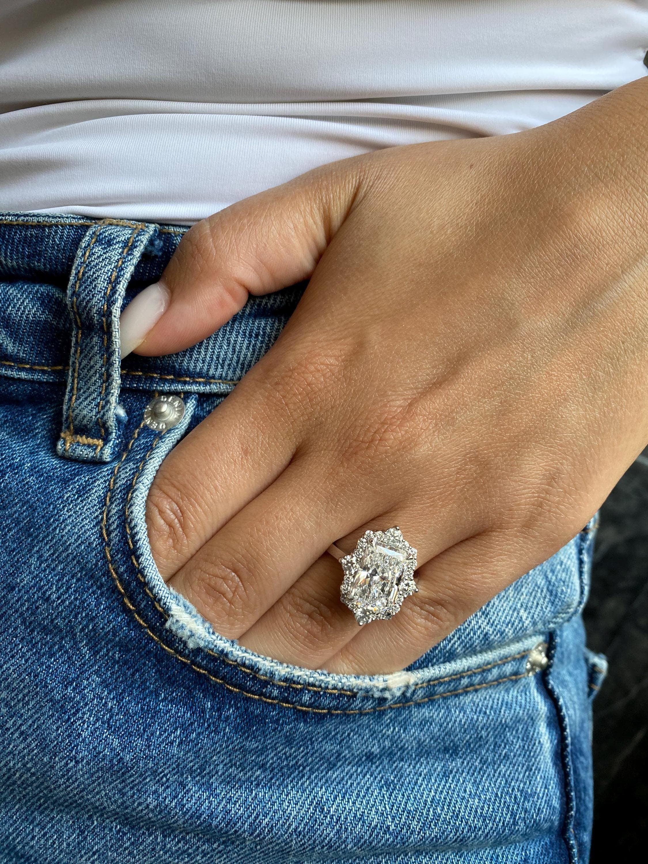 5.75 Carat Elongated Radiant Cut Diamond Halo Engagement Ring Side Round