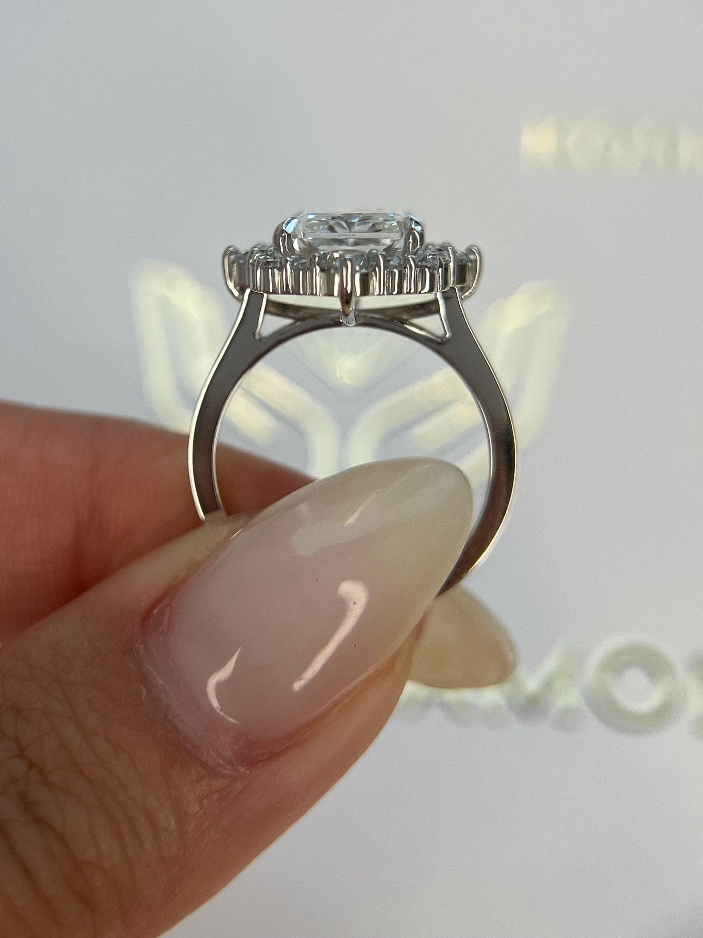 5.75 Carat Elongated Radiant Cut Diamond Halo Engagement Ring Side Round