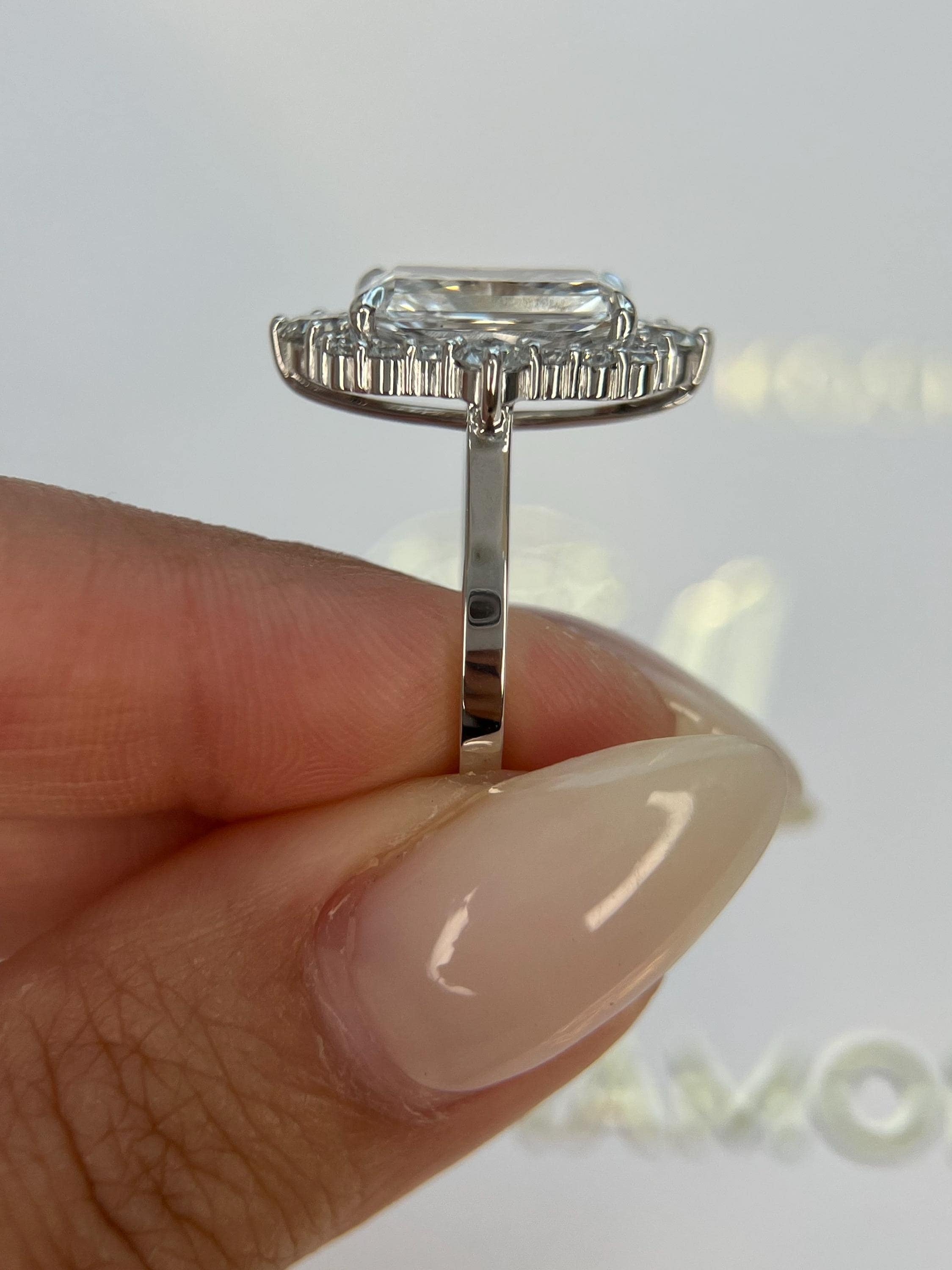 5.75 Carat Elongated Radiant Cut Diamond Halo Engagement Ring Side Round