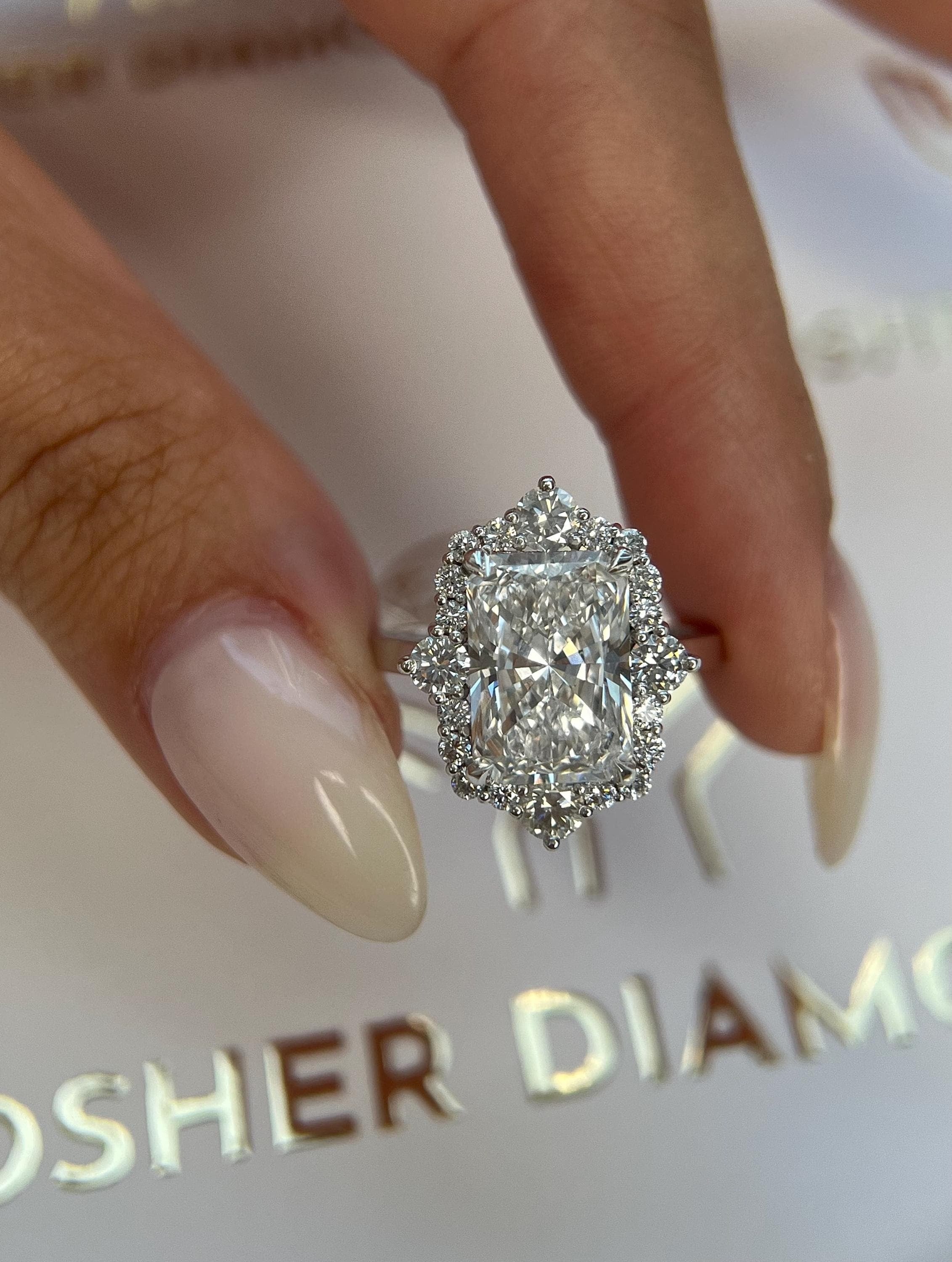 5.75 Carat Elongated Radiant Cut Diamond Halo Engagement Ring Side Round