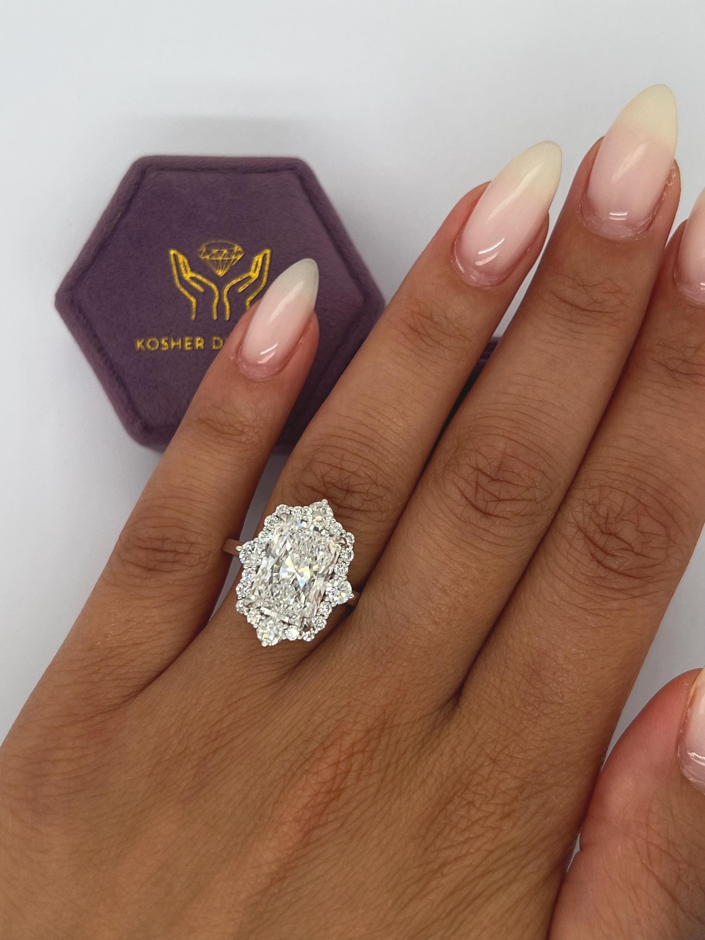 5.75 Carat Elongated Radiant Cut Diamond Halo Engagement Ring Side Round