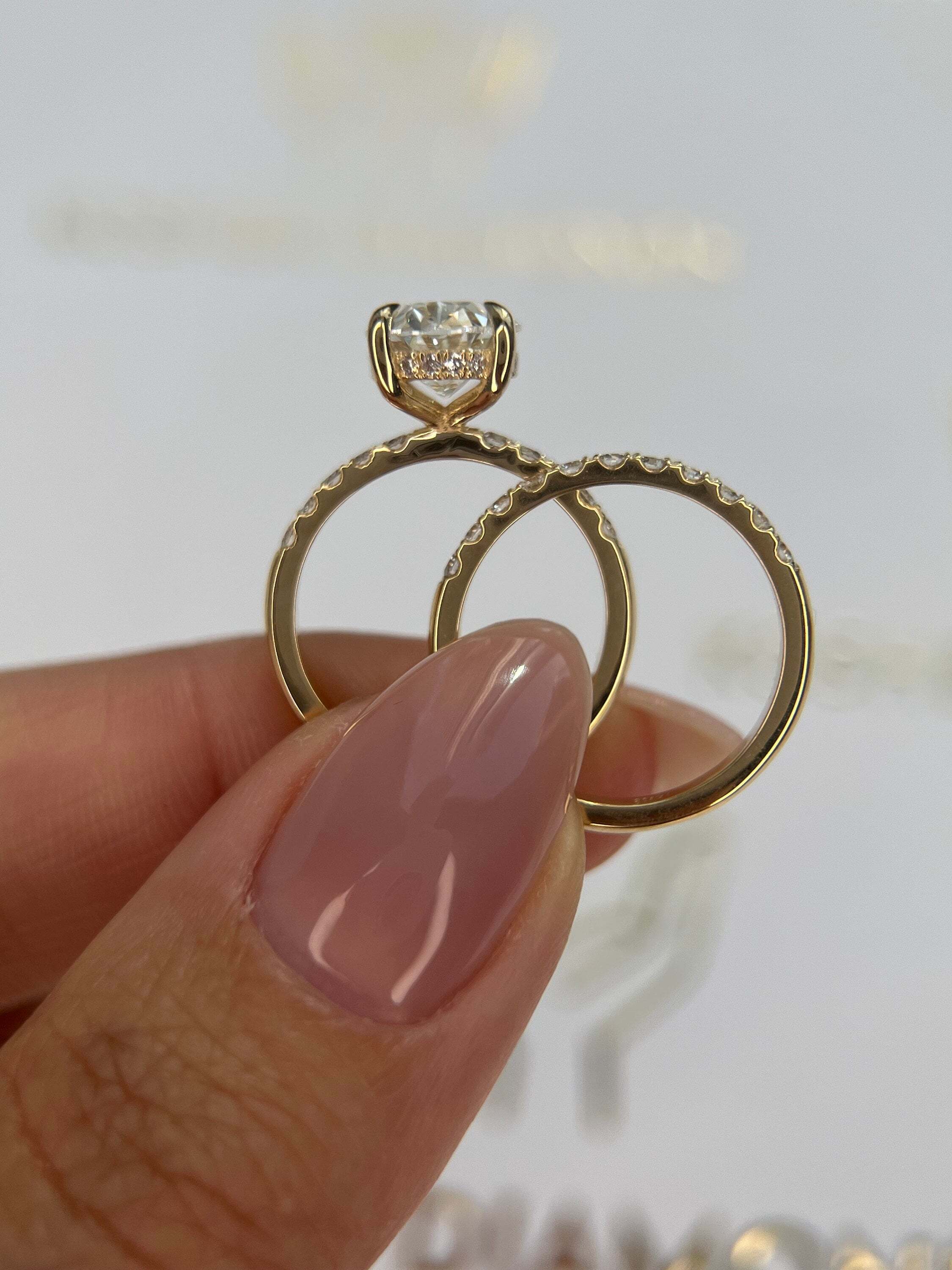 3.5 Carat Oval Diamond Hidden Halo Engagement Ring Set Matching Round Diamond Wedding Band