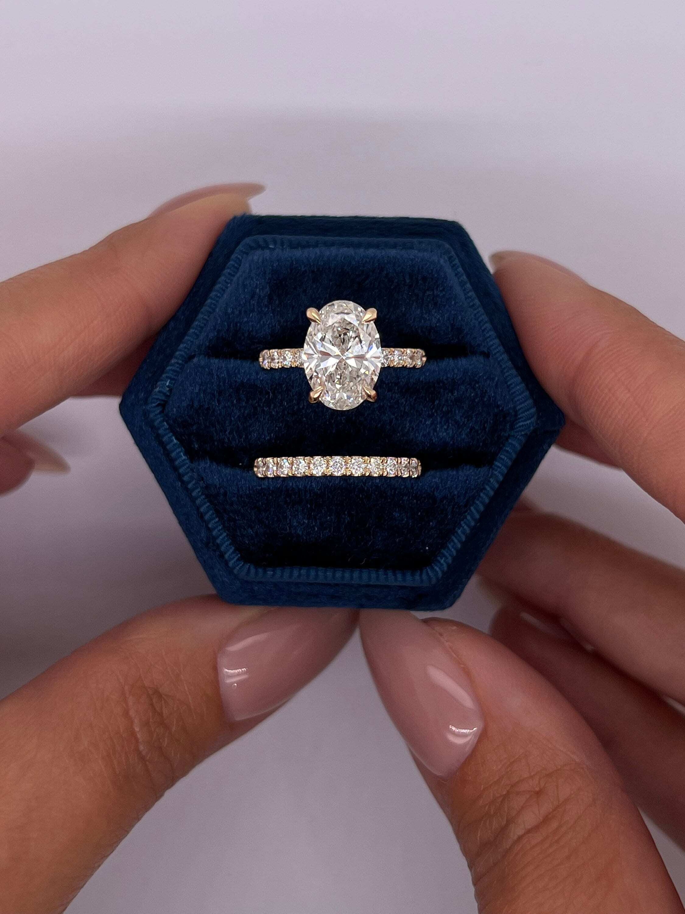 3.5 Carat Oval Diamond Hidden Halo Engagement Ring Set Matching Round Diamond Wedding Band