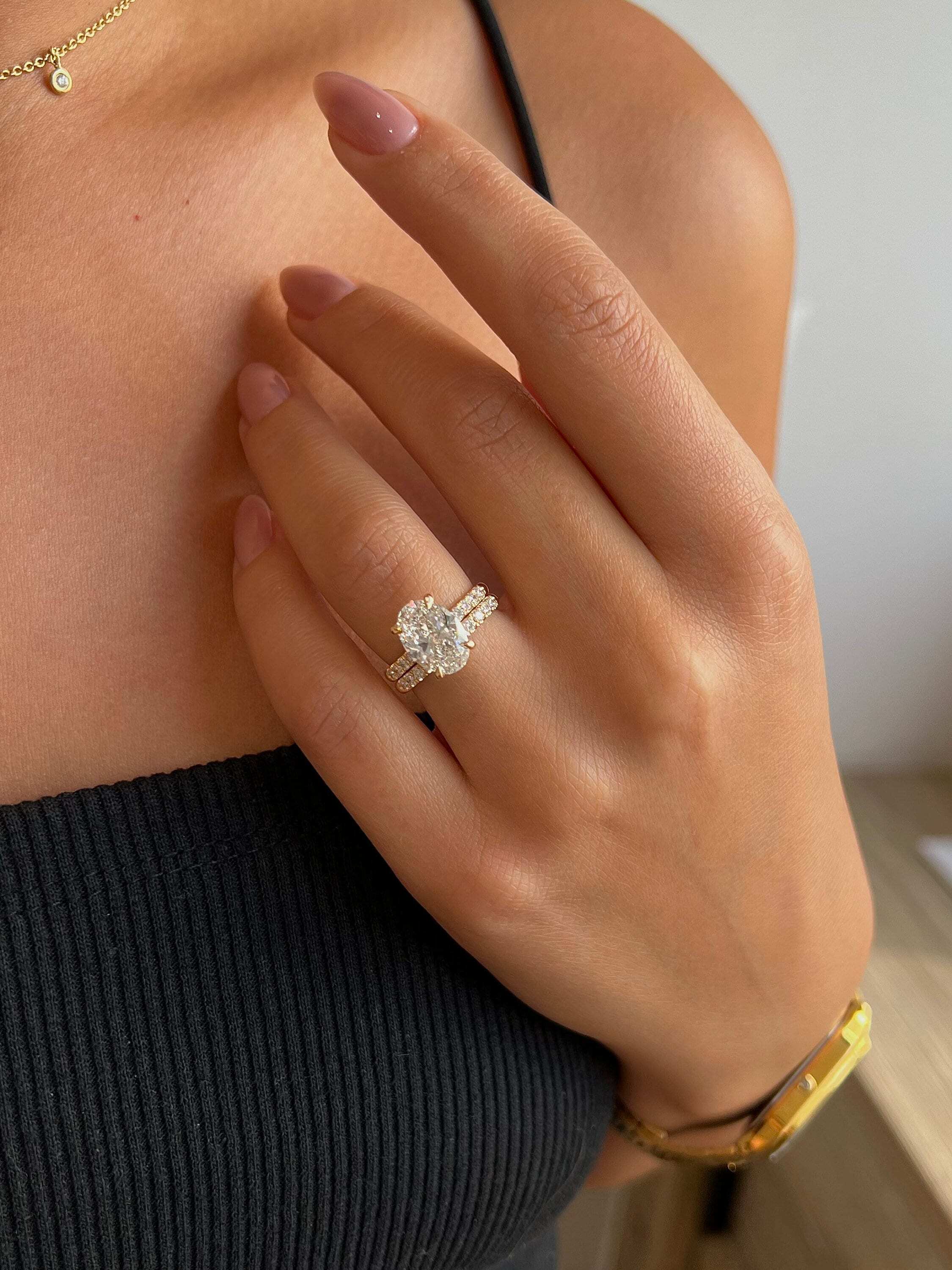3.5 Carat Oval Diamond Hidden Halo Engagement Ring Set Matching Round Diamond Wedding Band