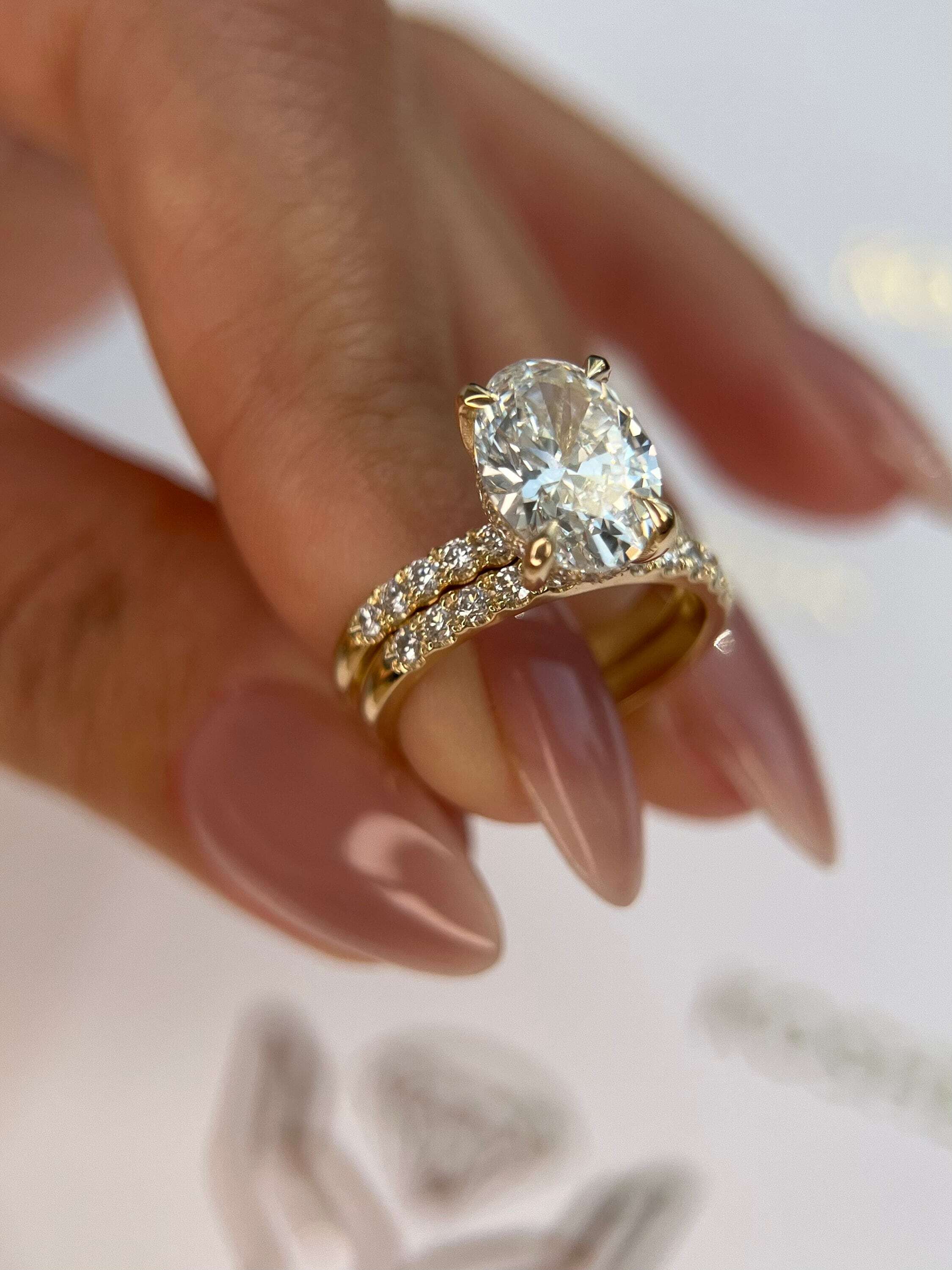 3.5 Carat Oval Diamond Hidden Halo Engagement Ring Set Matching Round Diamond Wedding Band