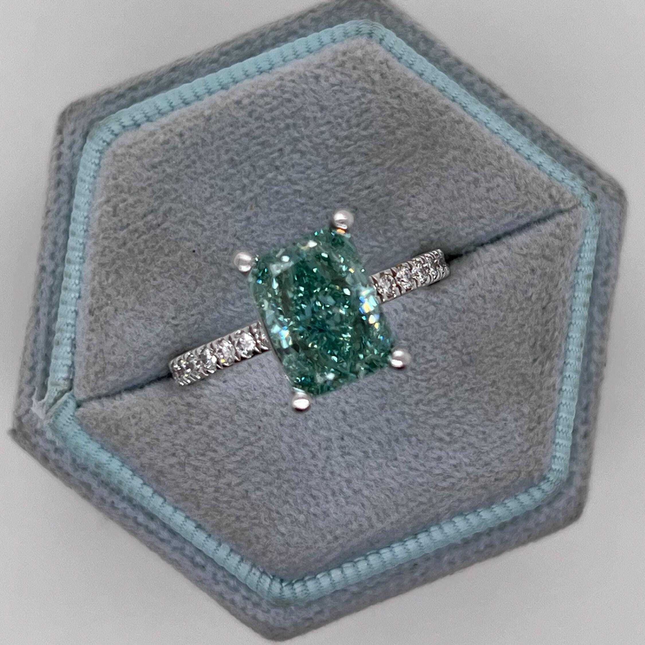 3.25 Carat Total Fancy Vivid Green Color Radiant Cut Diamond Engagement Ring
