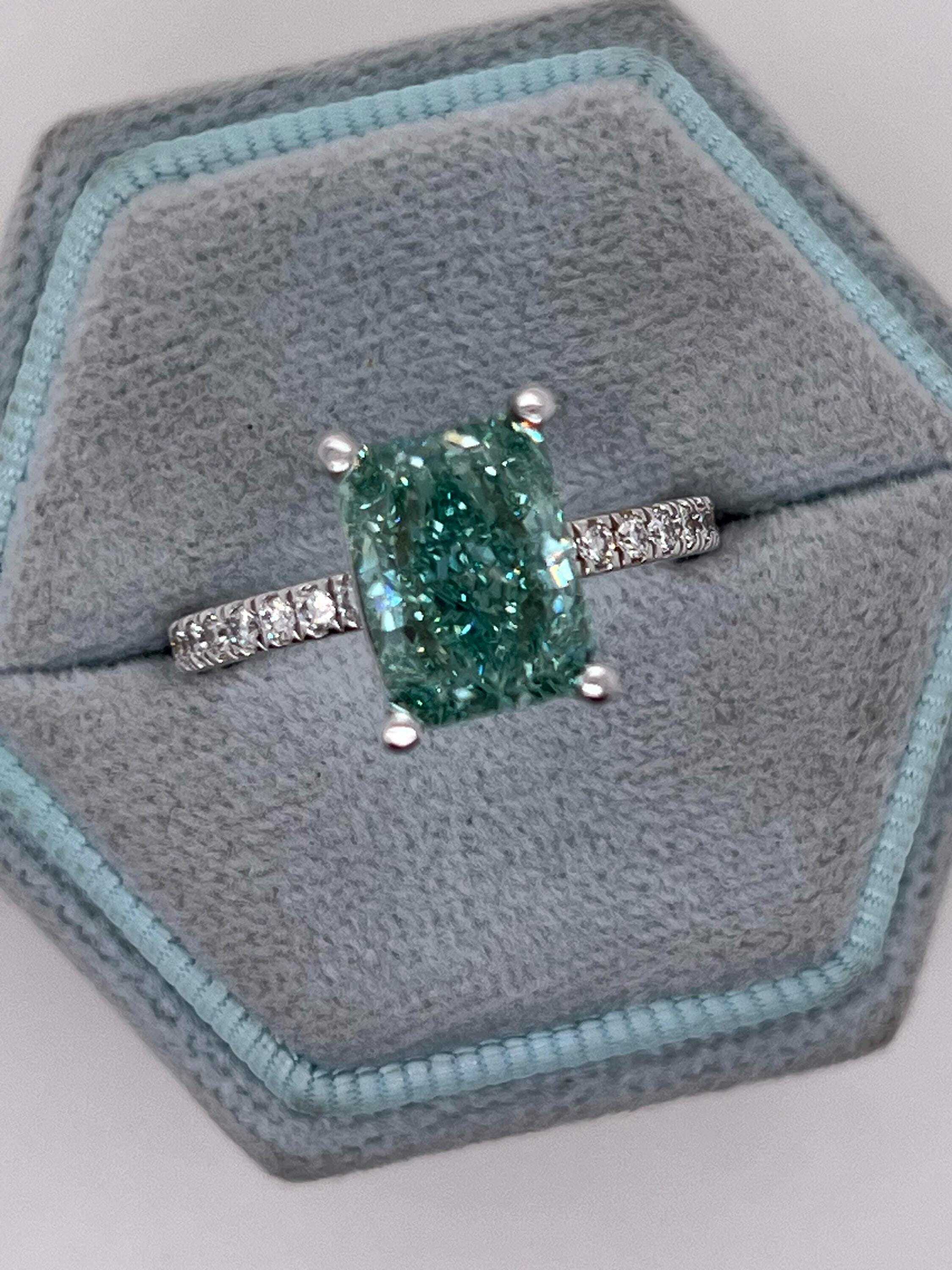 3.25 Carat Total Fancy Vivid Green Color Radiant Cut Diamond Engagement Ring