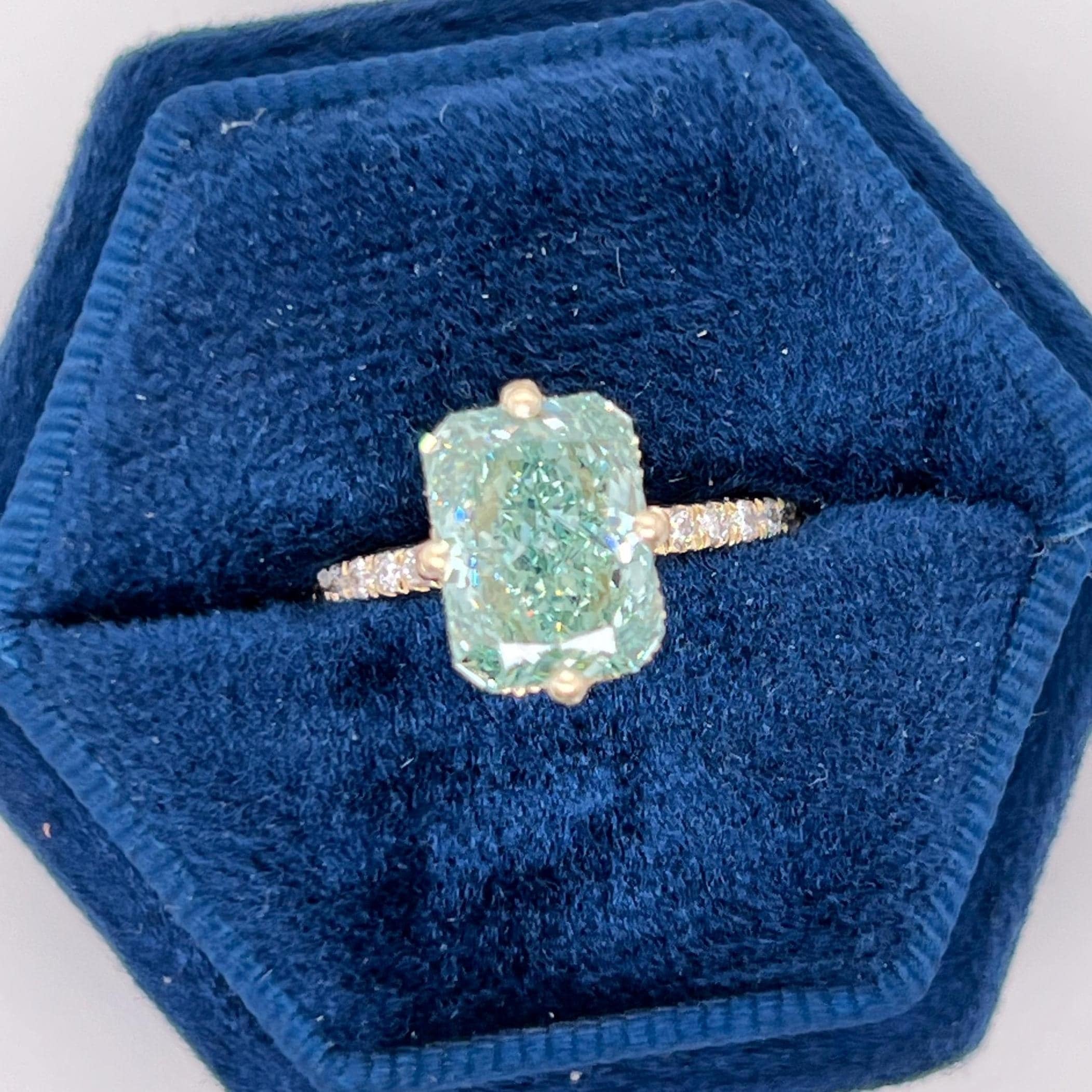 Fancy Vivid Green 3.25 Carat Total Radiant Cut Diamond Compass Hidden Halo Engagement Ring