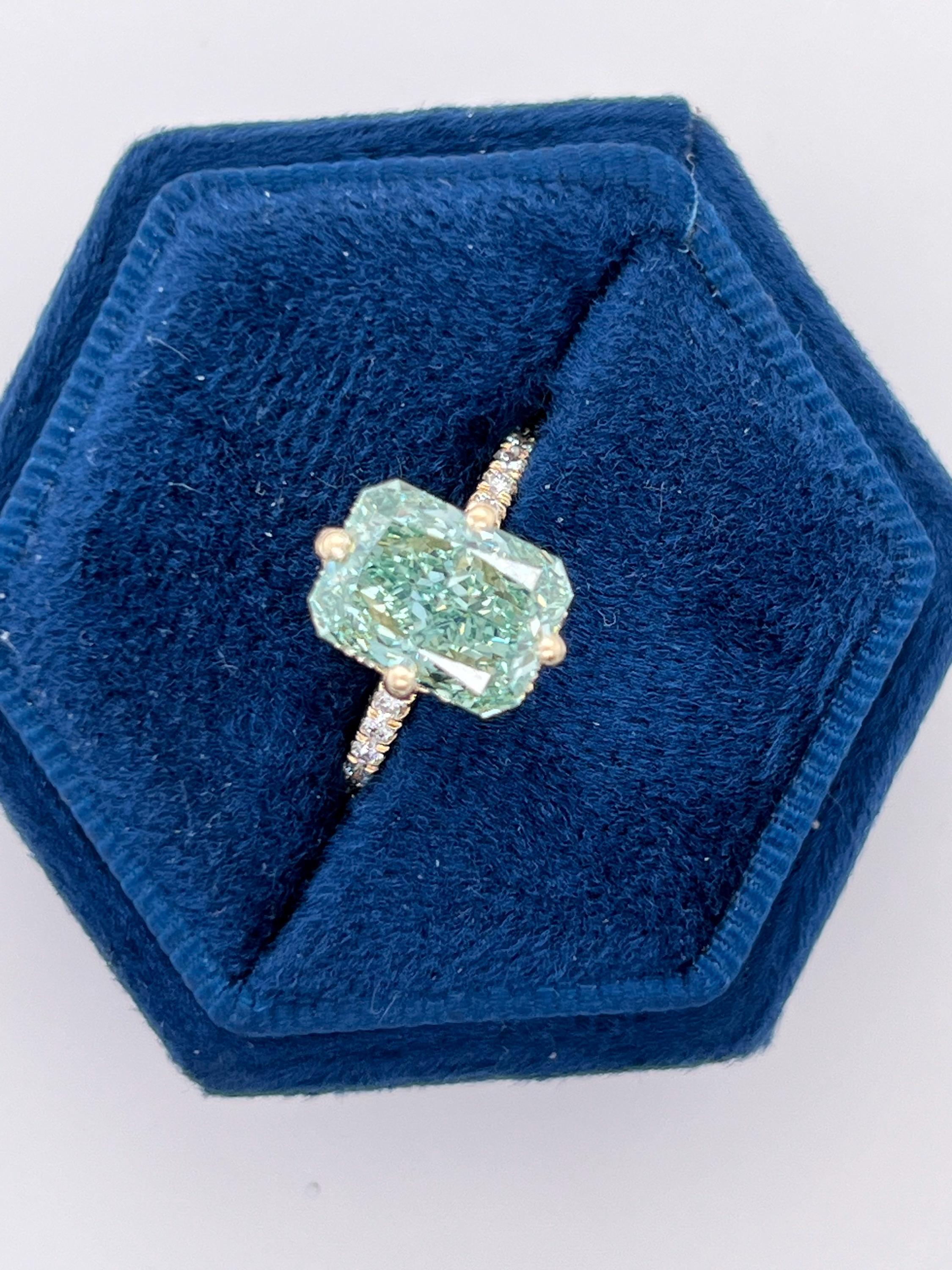 Fancy Vivid Green 3.25 Carat Total Radiant Cut Diamond Compass Hidden Halo Engagement Ring