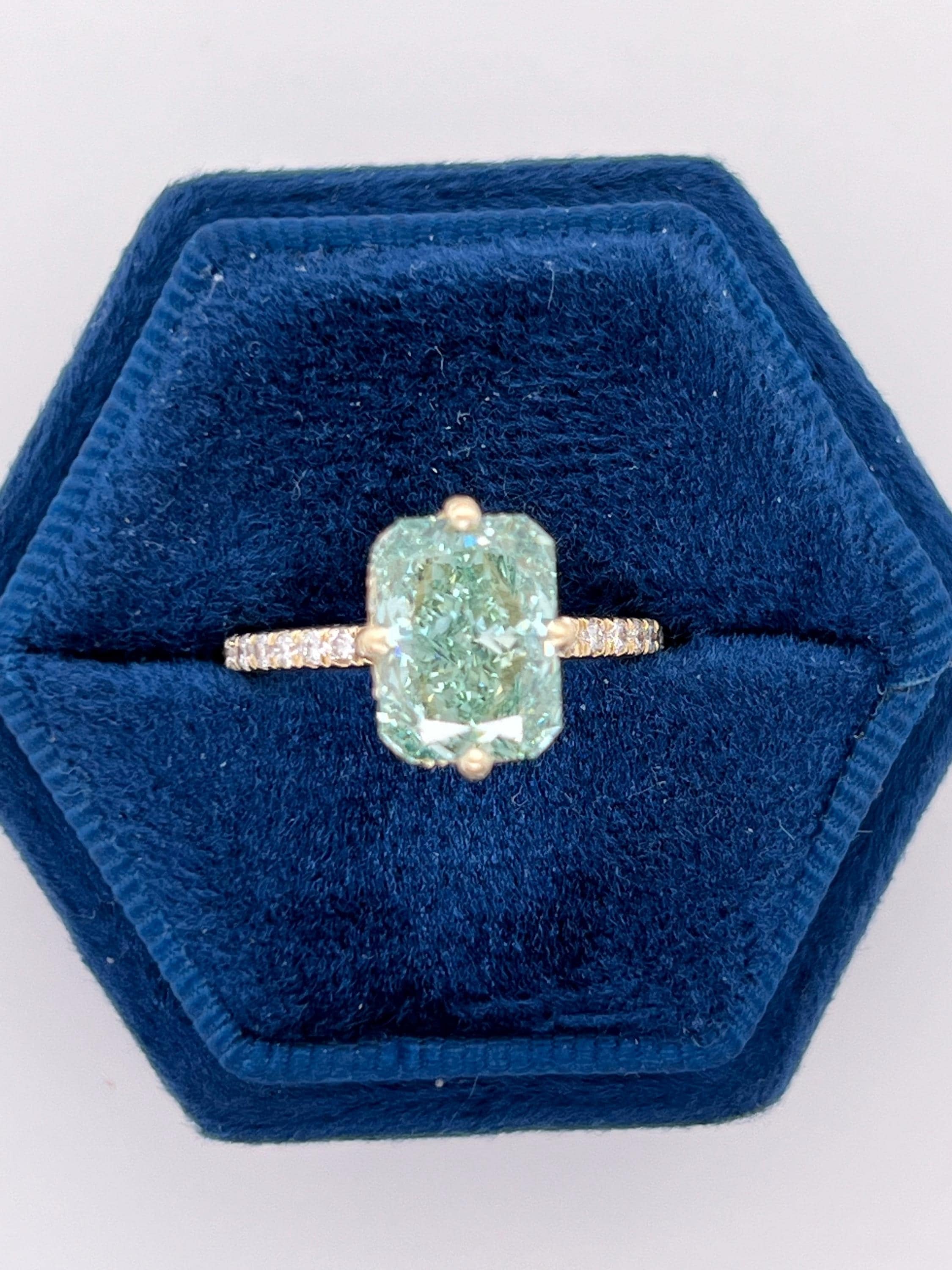 Fancy Vivid Green 3.25 Carat Total Radiant Cut Diamond Compass Hidden Halo Engagement Ring