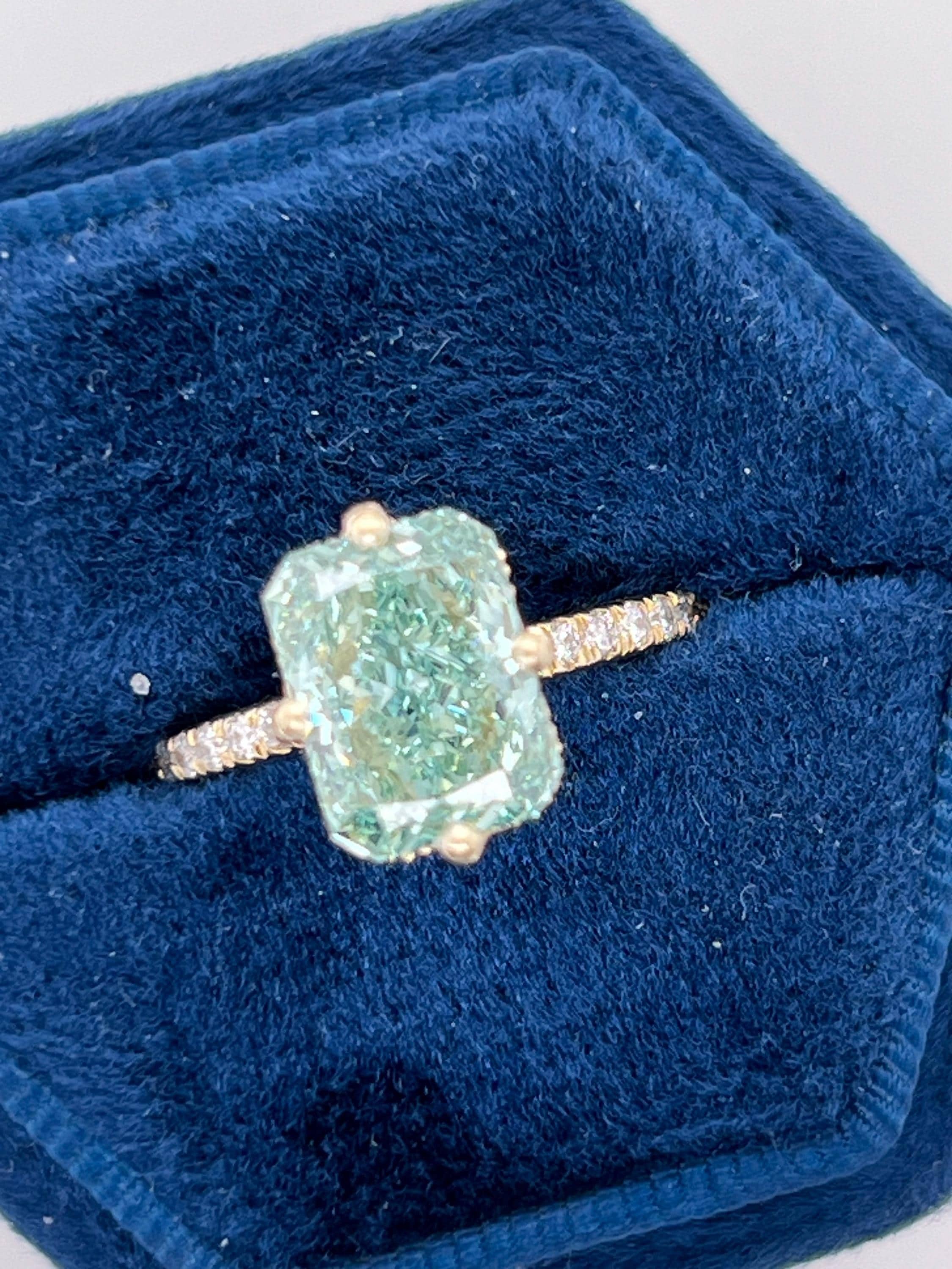 Fancy Vivid Green 3.25 Carat Total Radiant Cut Diamond Compass Hidden Halo Engagement Ring
