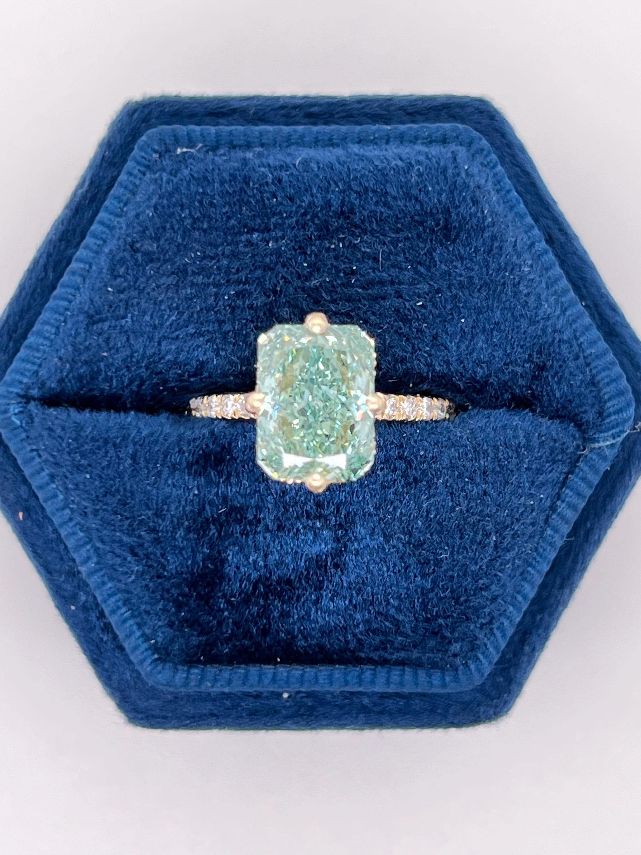 Fancy Vivid Green 3.25 Carat Total Radiant Cut Diamond Compass Hidden Halo Engagement Ring