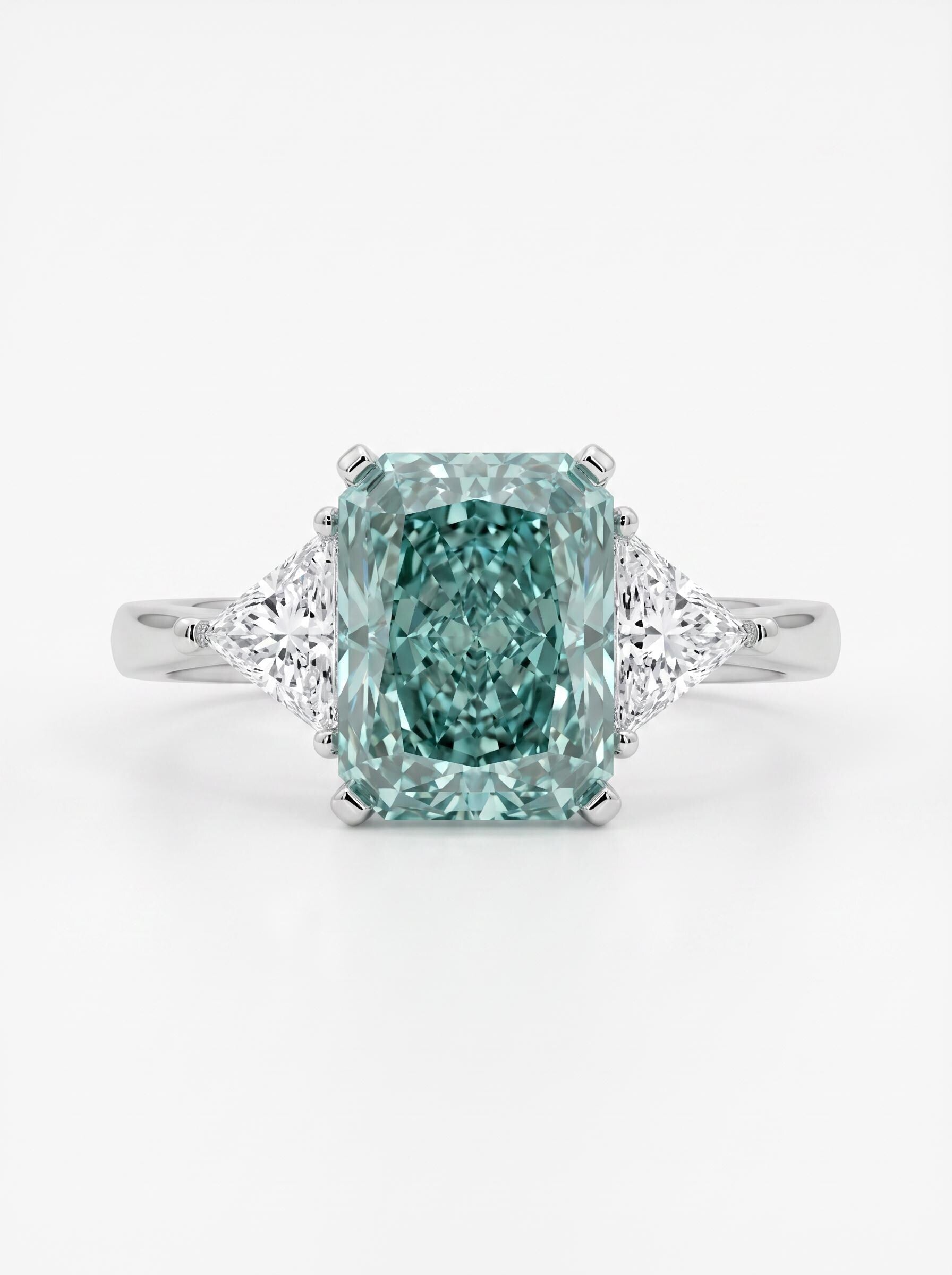 3.5 Carat Fancy Vivid Green Radiant Cut Diamond Three Stone Engagement Ring Side Trillions