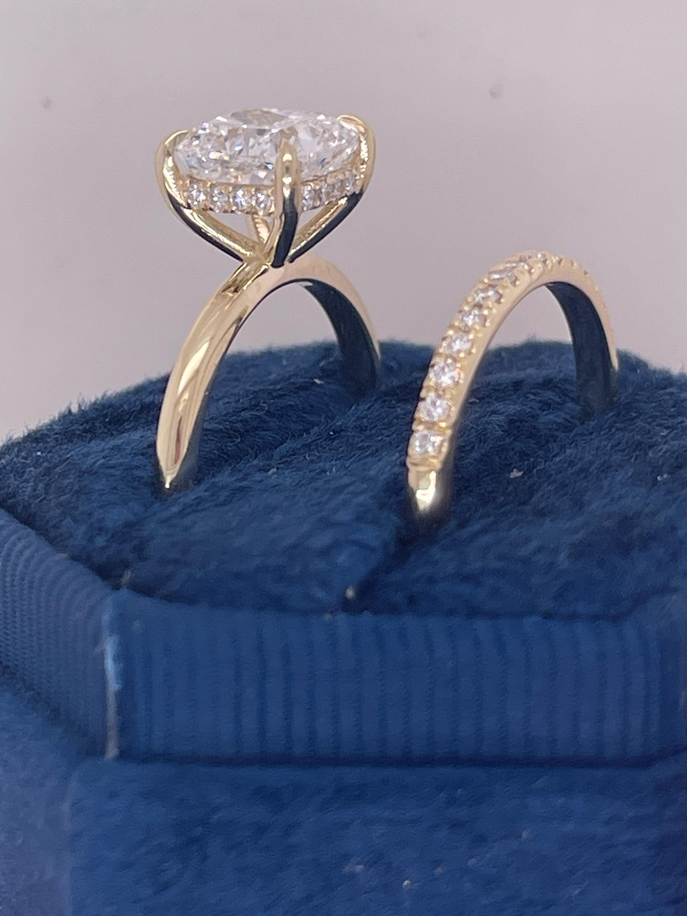 2.3 Carat Square Cushion Cut Diamond Solitaire Hidden Halo Engagement Ring Set Matching Wedding Band