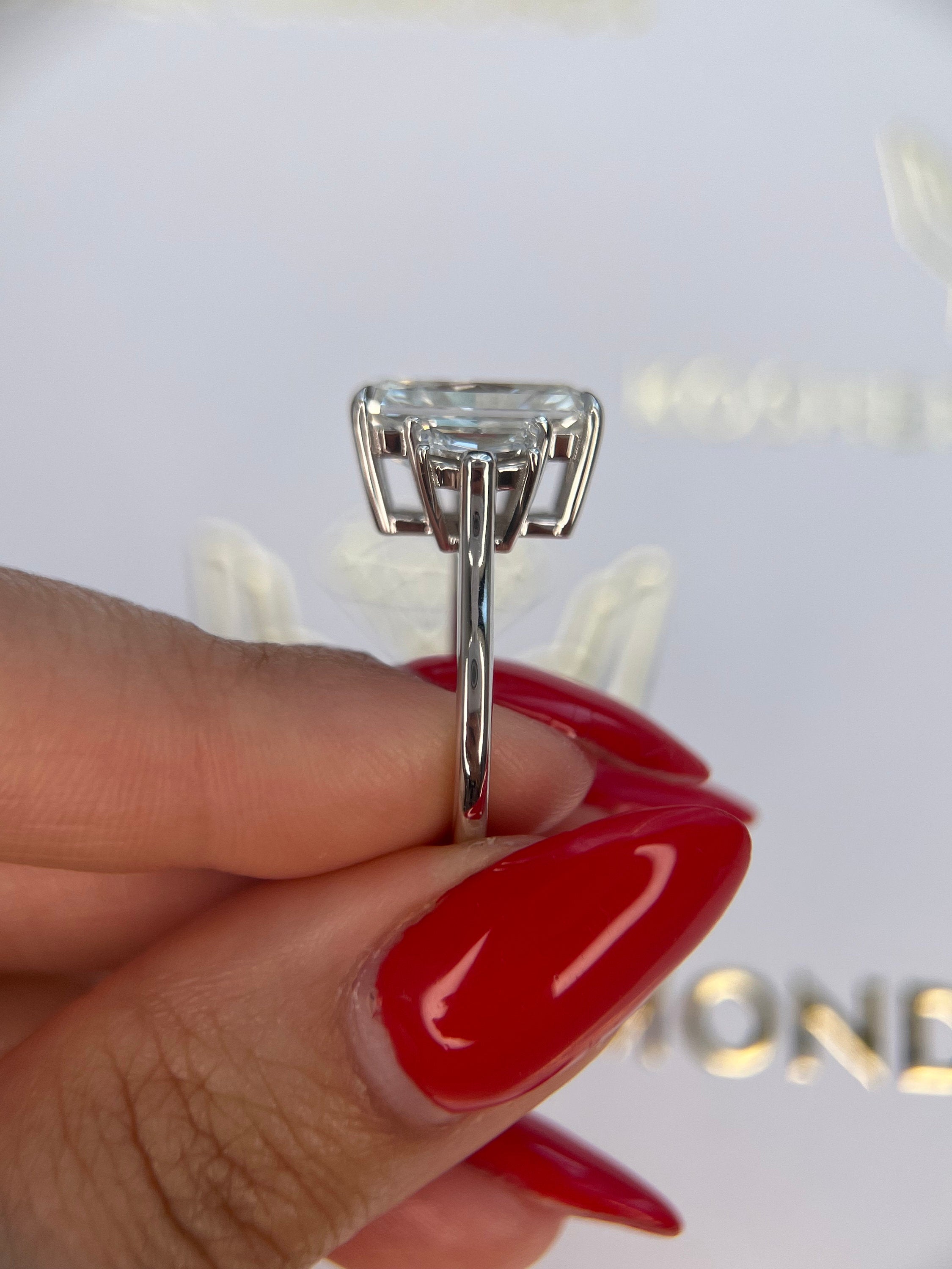 6.70 Carat Elongated Radiant Cut Three Stone Diamond Engagement Ring Side Cadillac Shape Diamonds