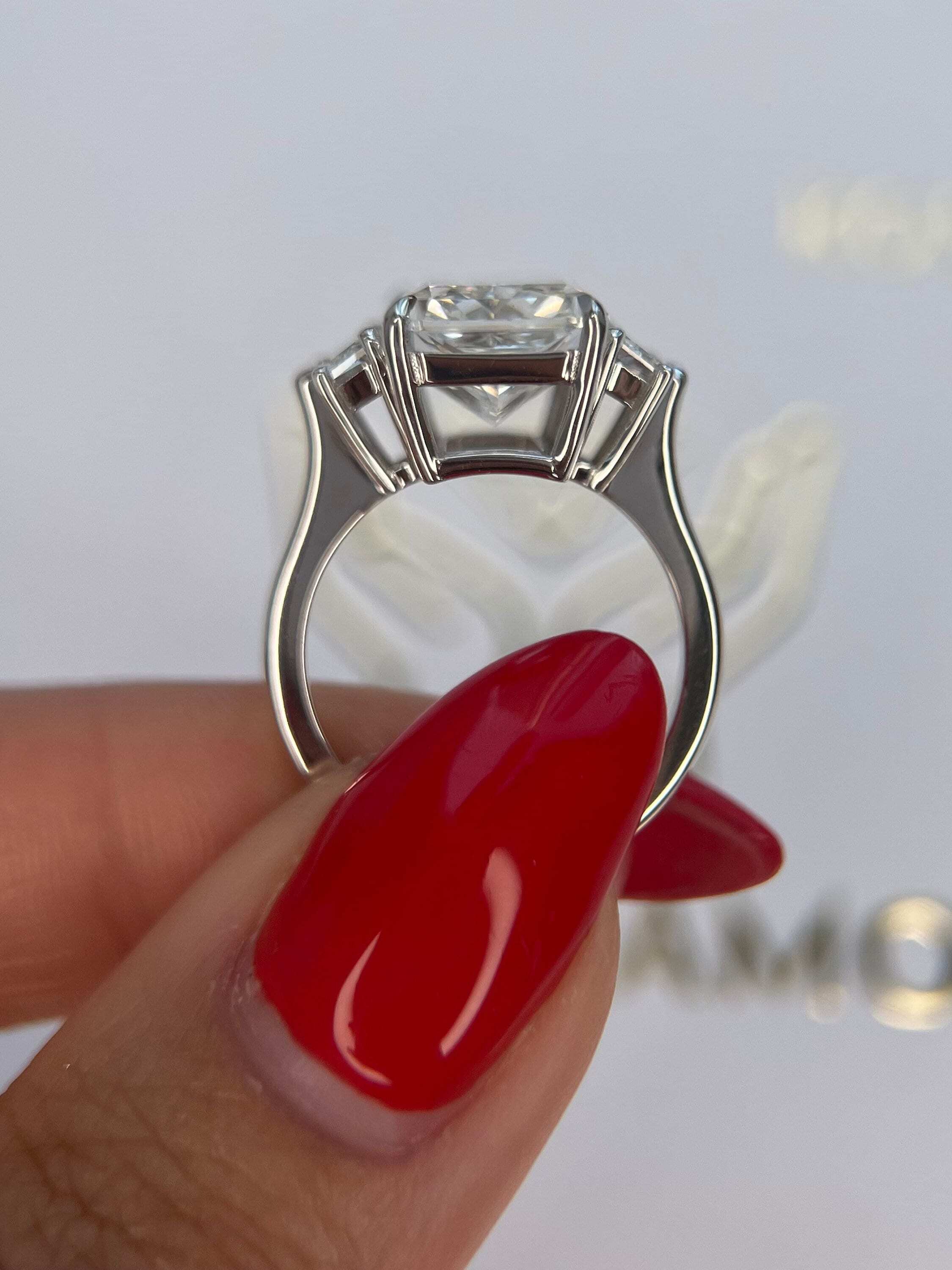 6.70 Carat Elongated Radiant Cut Three Stone Diamond Engagement Ring Side Cadillac Shape Diamonds